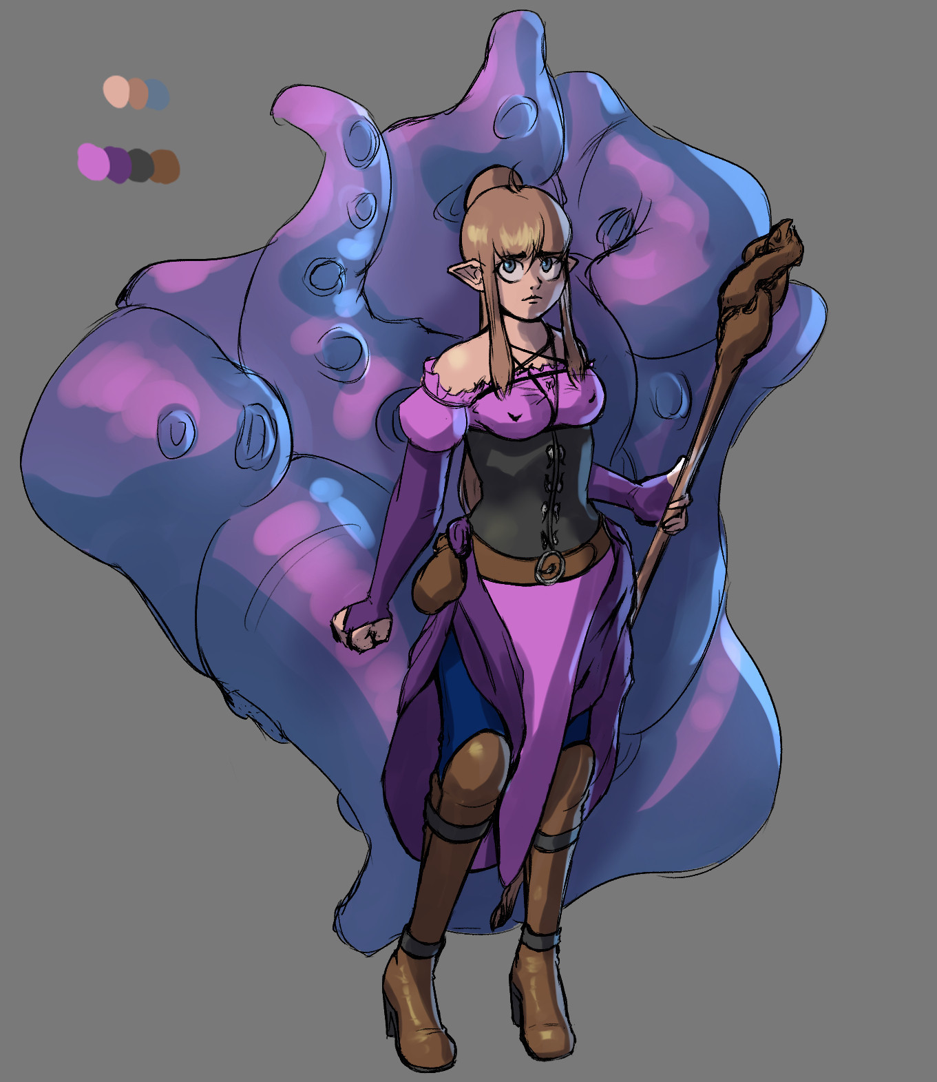 A drawing of a young half-elven woman wearing a pink and purple shoulderless dress with a black corset and brown leather boots and belt. She wields a wooden staff that ends in three entertwined tentacles. Behind her is a writhing mass of tentacles.