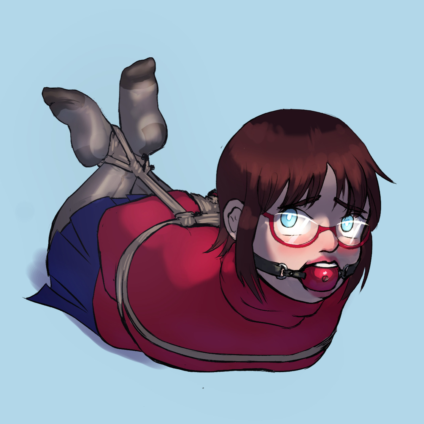 Brenda Babbott, a nonbinary cutie with dark reddish-brown hair, wearing a red turtleneck, blue skirt and grey pantyhose, is lying on their stomach, hogtied with rope. They have a red ballgag in their mouth and look up at the viewer through their glasses, a somewhat worried look on their face.