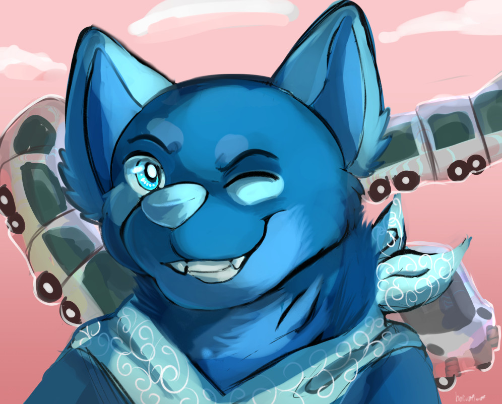 happy blue canine winking at you with a modern train in the background