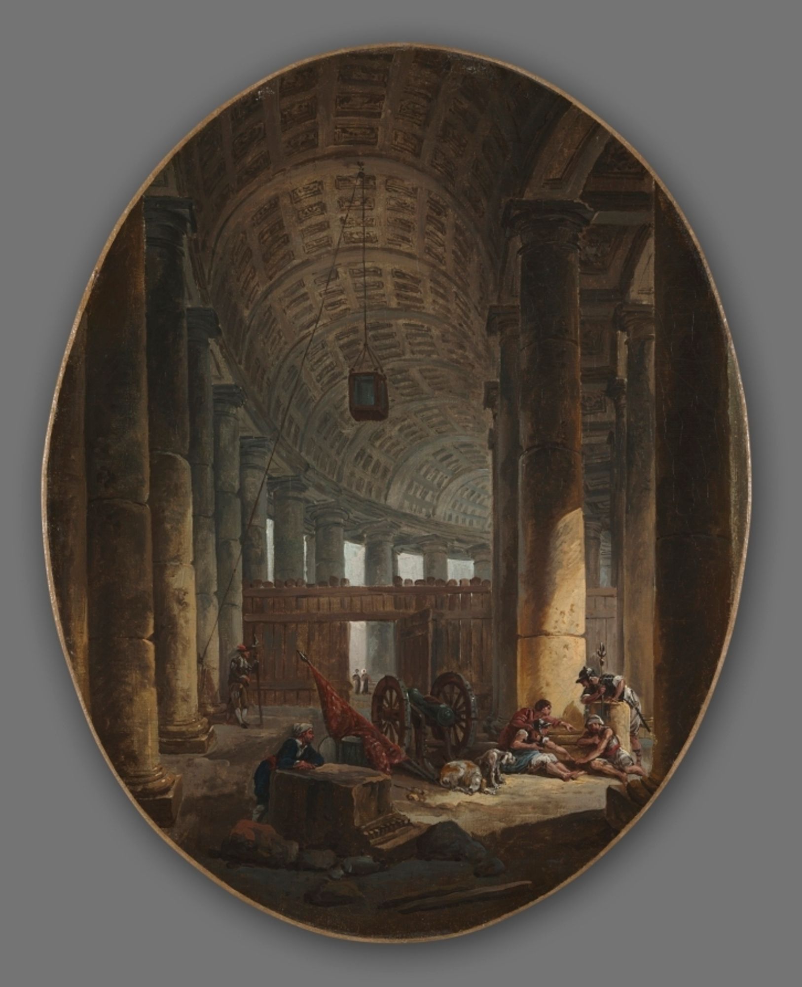 Hubert Robert studied and worked in Italy from 1754–65. Upon returning to Paris, he entered the Royal Academy as an architectural painter and full member in 1766. His time in Italy would prove to be influential and classical architectural subjects would dominate his subsequent oeuvre. <em>Interior of the Colonnade of St. Peter's</em> is based on a drawing dated 1758, the same year that Pope Clement XIII Rezzonico was elected. Given his interest in classical subjects, Robert has antiquated his subject by aging the condition of the columns and including a soldier dressed in ancient Roman armor. Similarly, Robert imaginatively portrays the Grotto of Posillipo. Measuring over 2000 feet in length, this tunnel was carved from the volcanic rock by ancient Romans to connect Naples with Pozzuoli. While this passageway was improved by repaving and reinforcing the arches during the reign of Charles III of Naples (1734–59), this structure was never the grand tunnel Robert depicts with coffered vaults and engaged columns.