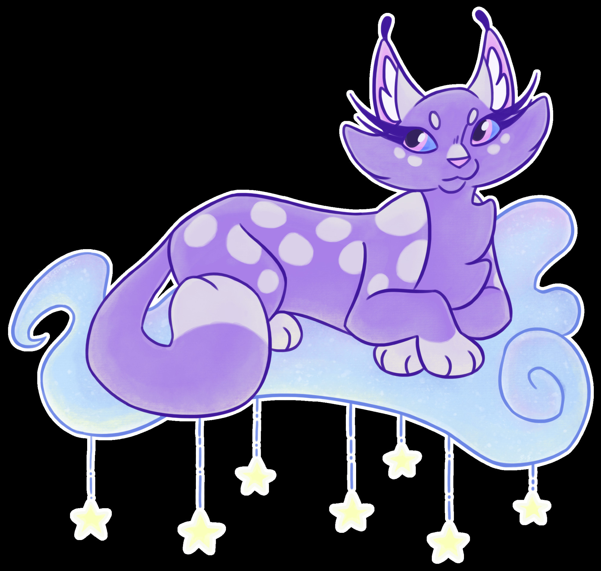 My original character named Dream, a lilac colored fantasy feline creature with pale grey spots, resting on a fluffy cloud with yellow stars hanging underneath it.