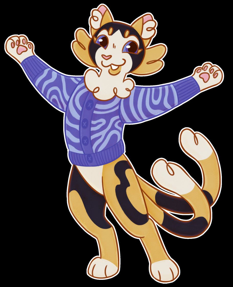 My original character named Satsuma, an anthro calico cat with two tails, with her arms outstretched to a friendly, welcoming pose.