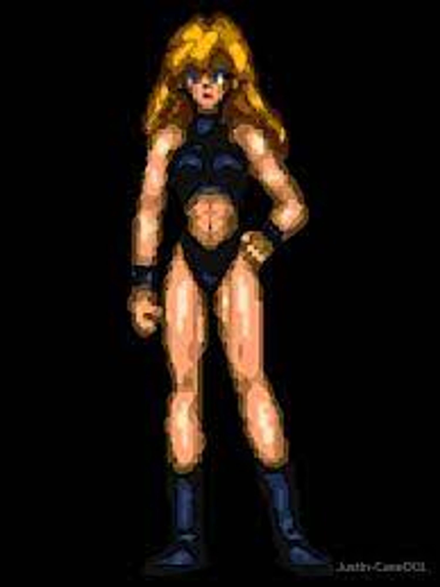 Samus from Super Metroid ending. She's in her black bodysuit with her abs out.