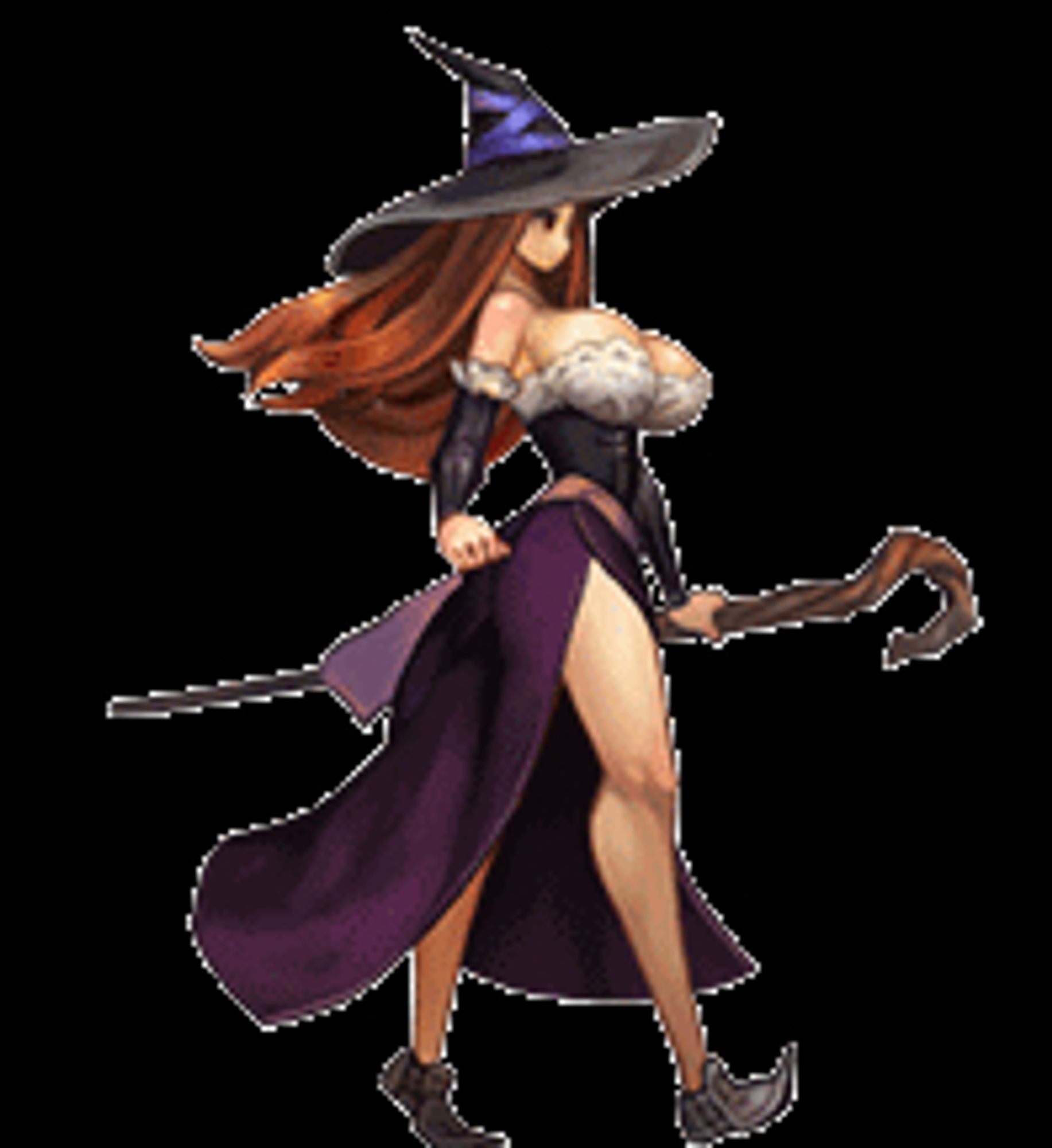 Animated gif of the sorceress walking in a wobbly boobly way. She has a pointy hat and a stick.