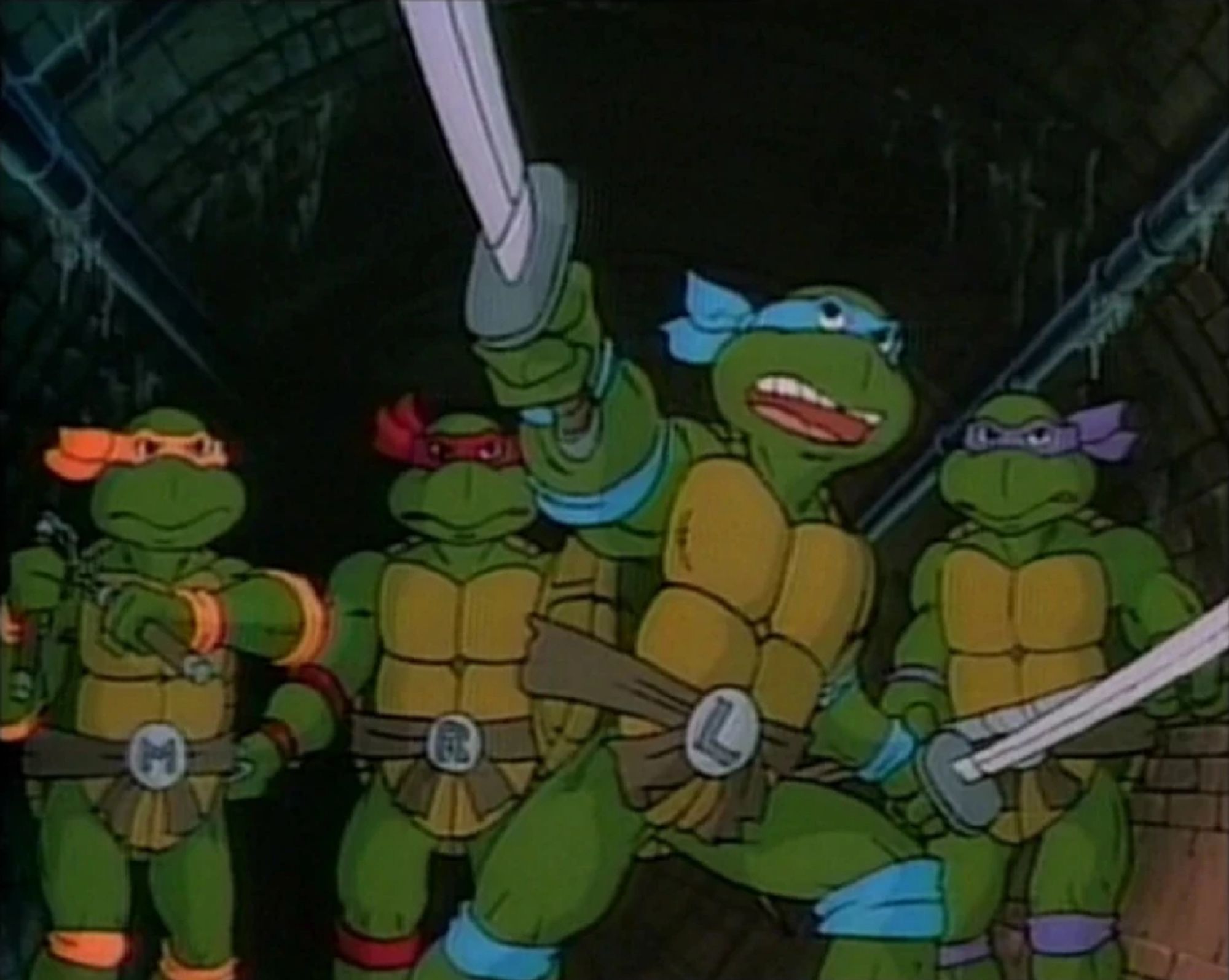 all 4 mutant ninja turtles with Leonardo leading