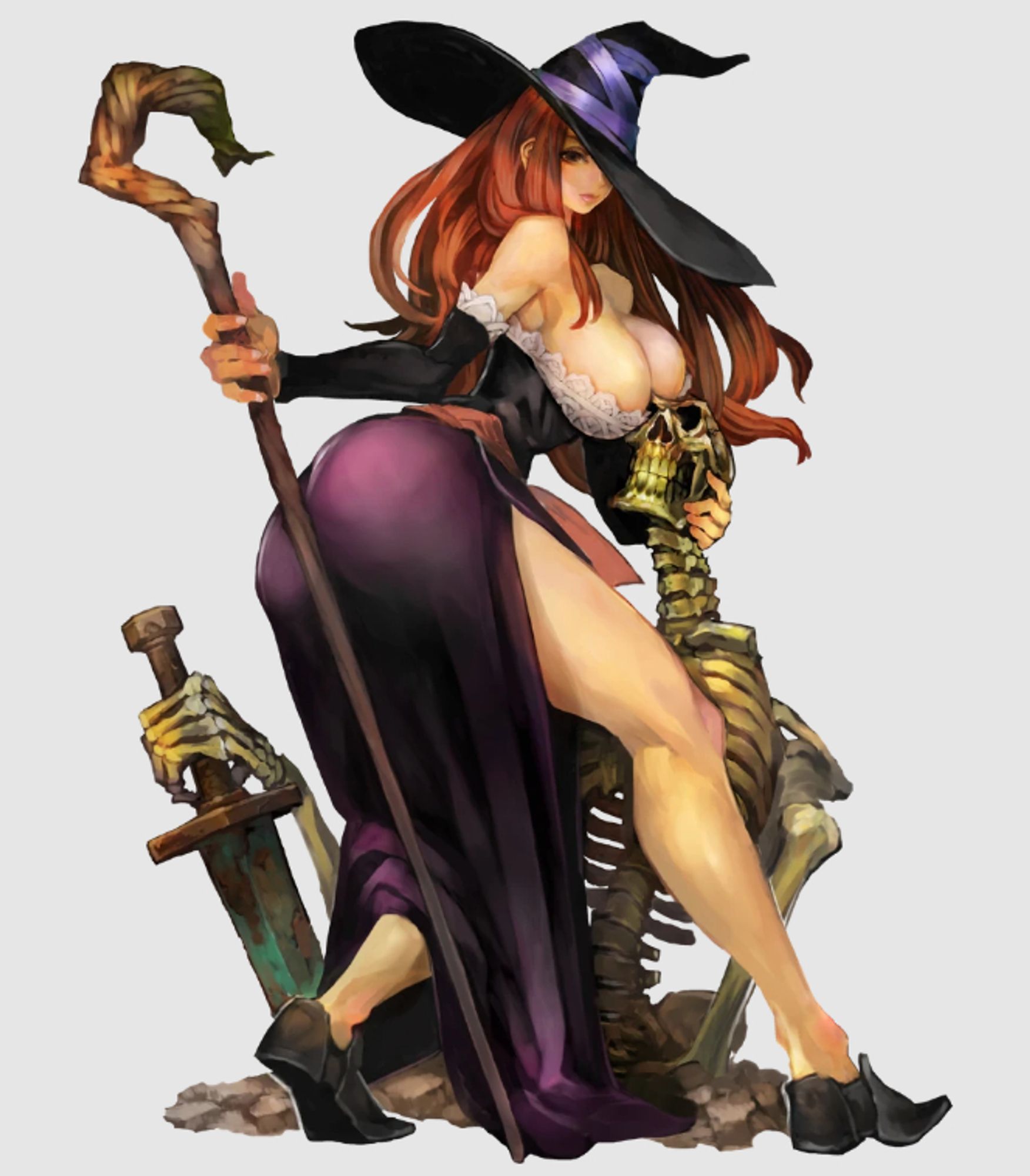 Witchy Lady holding a skeleton against her very large boob. One must imagine the skeleton is happy.