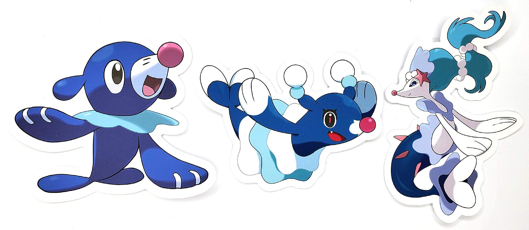 Popplio to Brionne to Primarina water type Pokemon evolution.
Starts out as a little seal with a clown nose but becomes a sort of graceful seal mermaid.