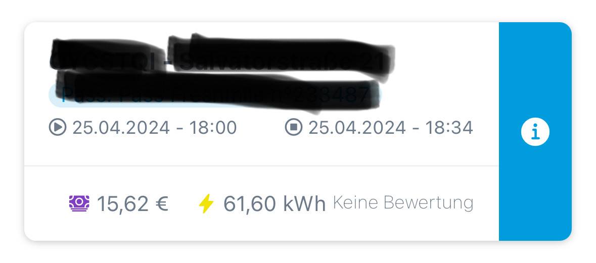 Ein Screenshot einer Rechnung über einen Ladevorgang für ein E-Auto. Es wurden 61,60 kWh für 15,62€ geladen.