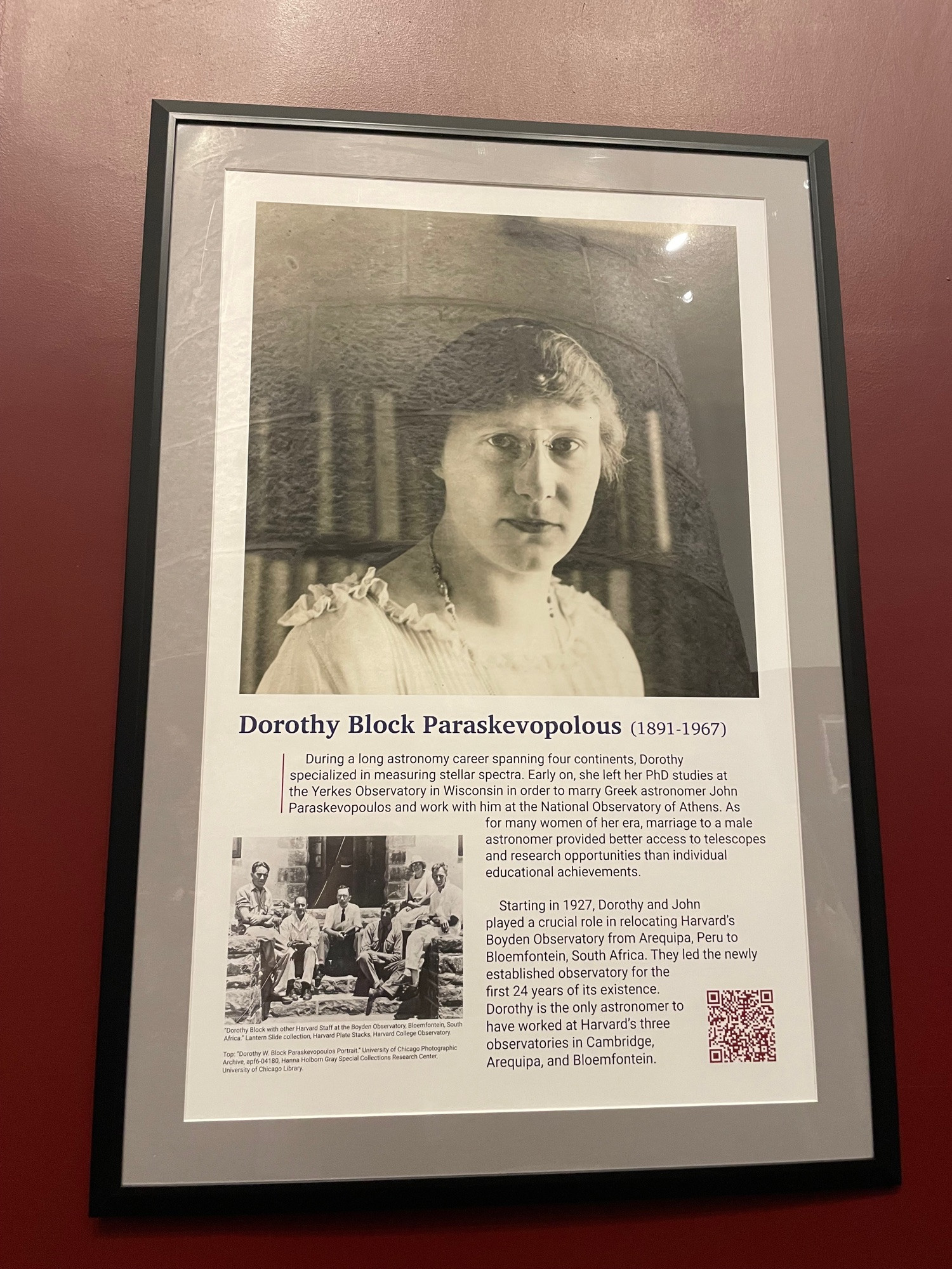 Museum exhibit on Dorothy Block Paraskevopolous, an early 1900s Harvard Computer.