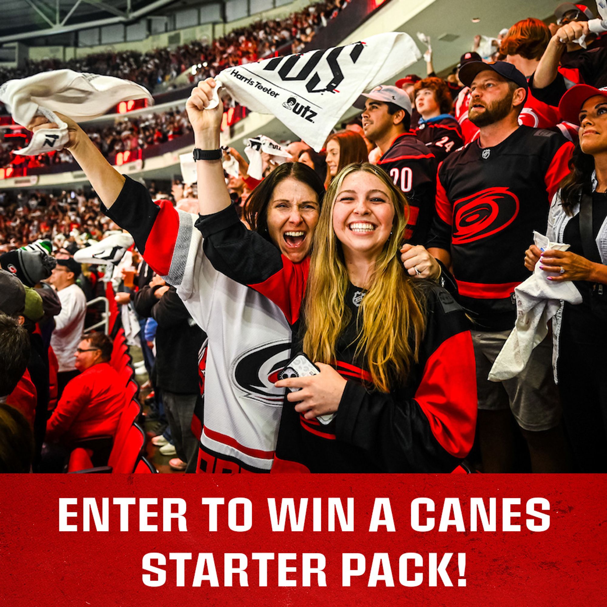 Graphic promoting an enter to win contest for a Canes starter pack featuring a photo of Canes fans cheering