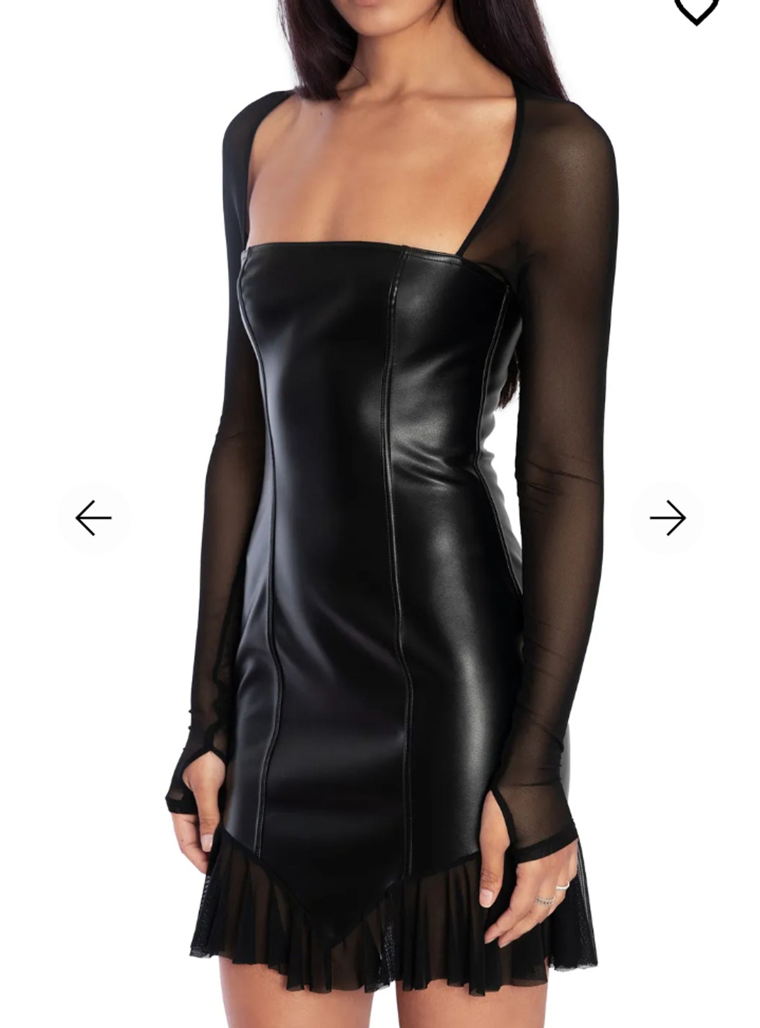 short black imitation leather dress with straight neckline and sheer mesh sleeves with thumb holes 