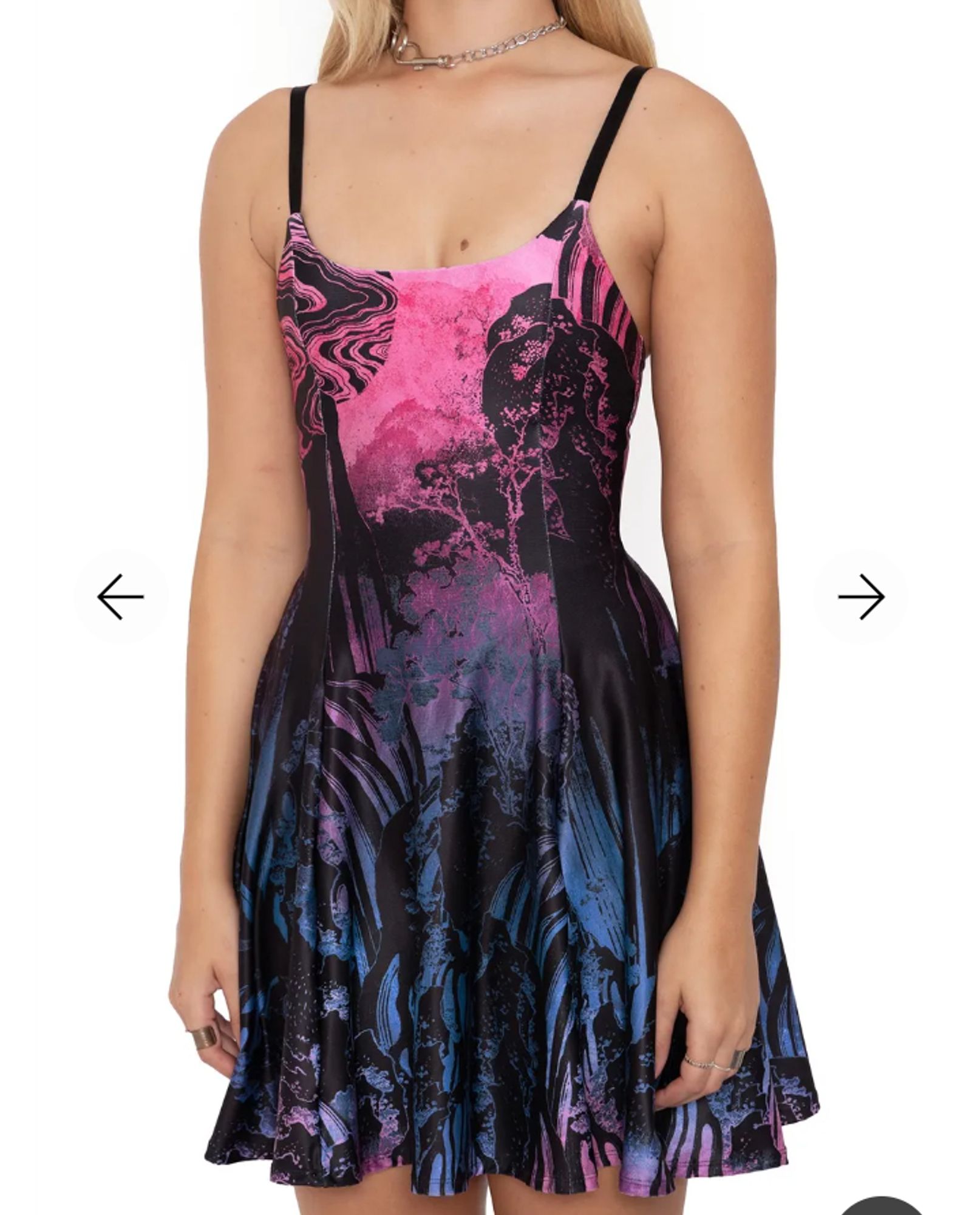 short strappy dress in pink, blue and black with print of hokusai's waterfalls 