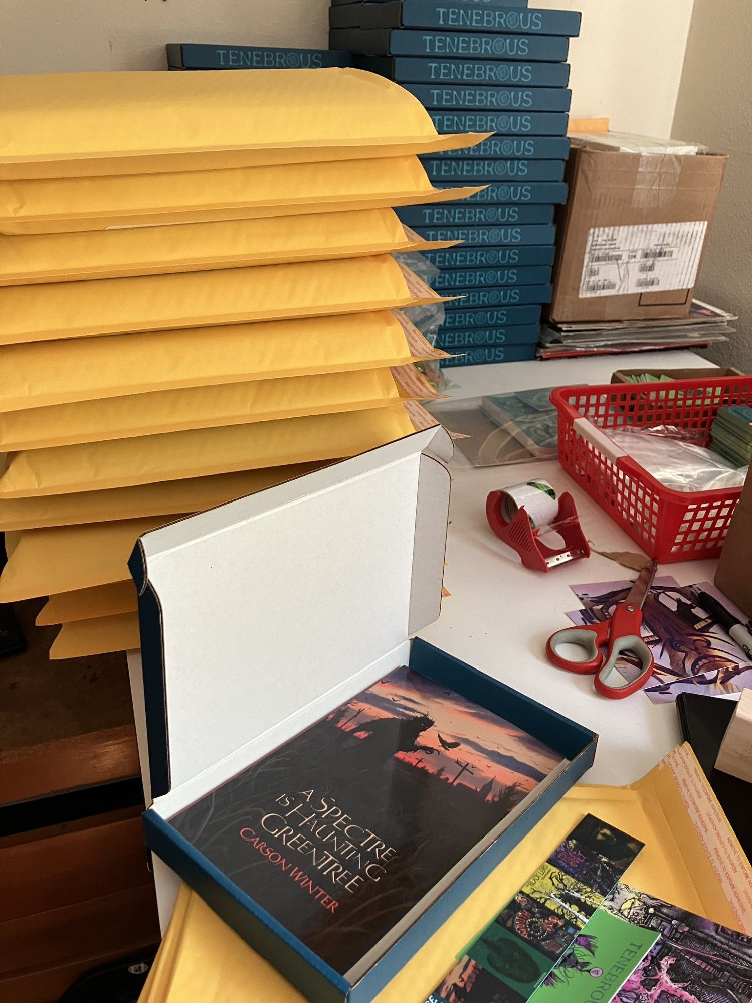 Copies of A SPECTRE IS HAUNTING GREENTREE by Carson Winter, being packed and shipped out today from Tenebrous HQ!