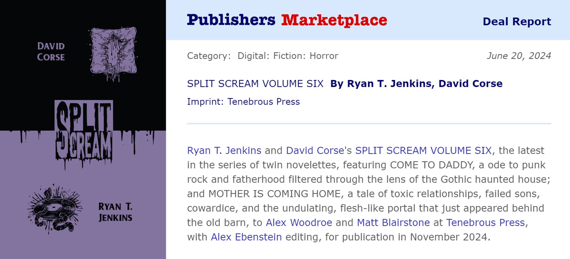 Cover of SPLIT SCREAM Volume 6 by Evangeline Gallagher, plus Publisher's Marketplace announcement