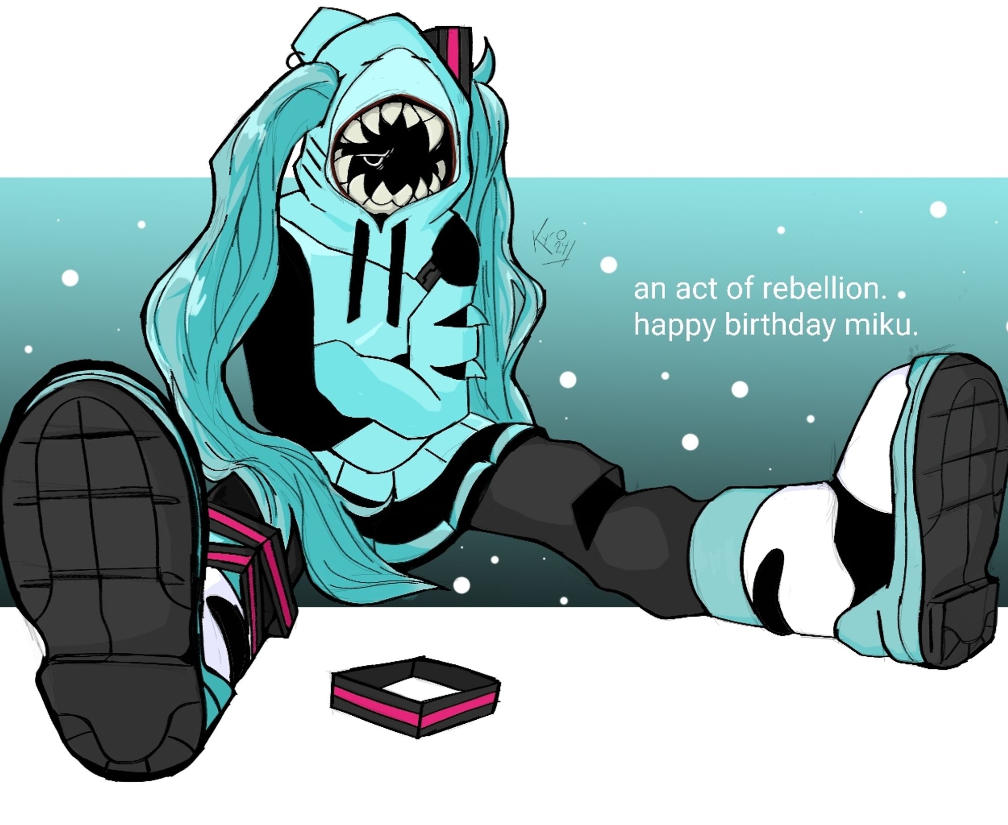 My OC: LENONSHARK cosplaying Miku for her birthday. How sweet. sour? Idk.