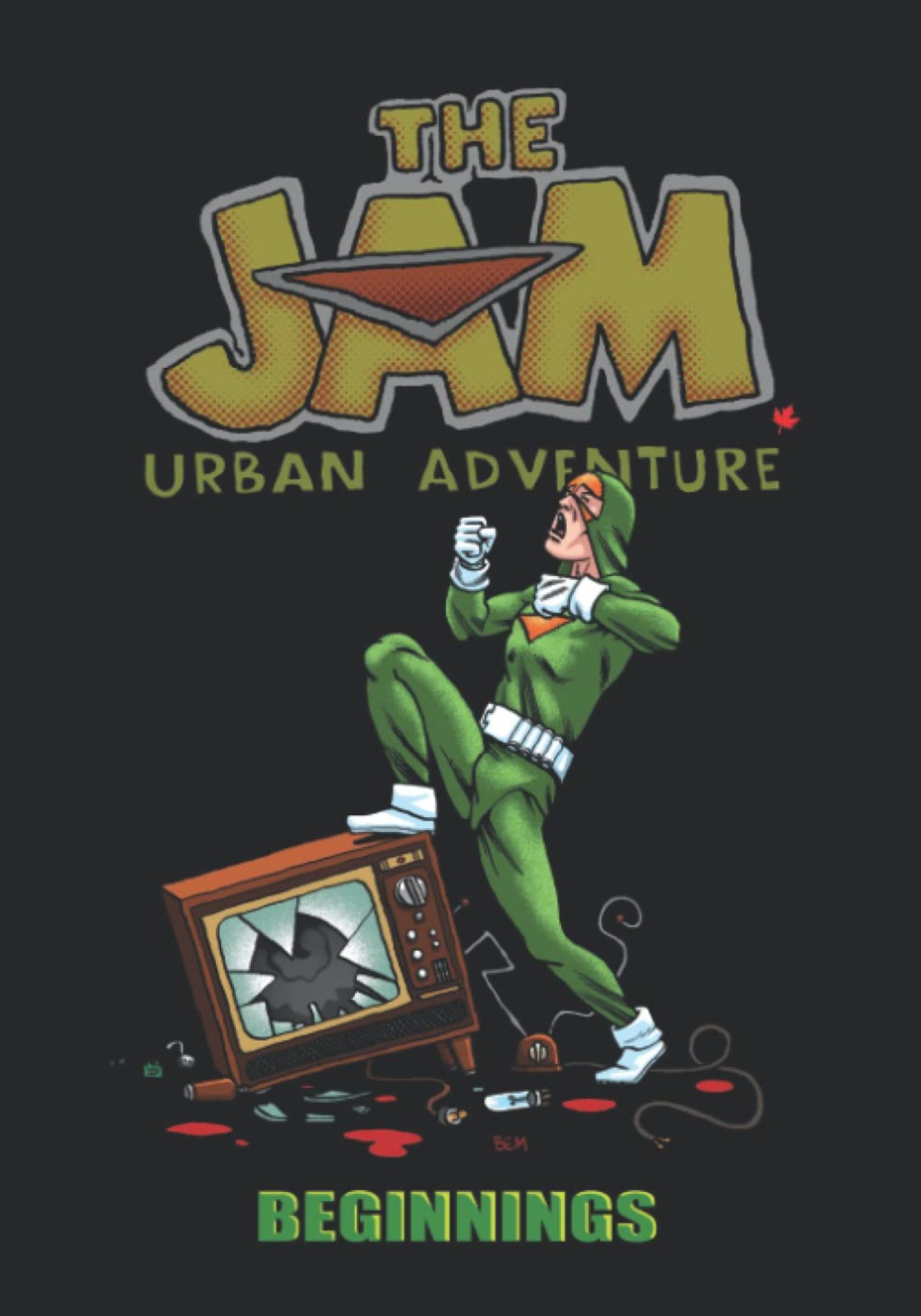 Cover to The Jam Urban Adventure vol 1: Beginnings features The Jammer propped up on a shattered television.