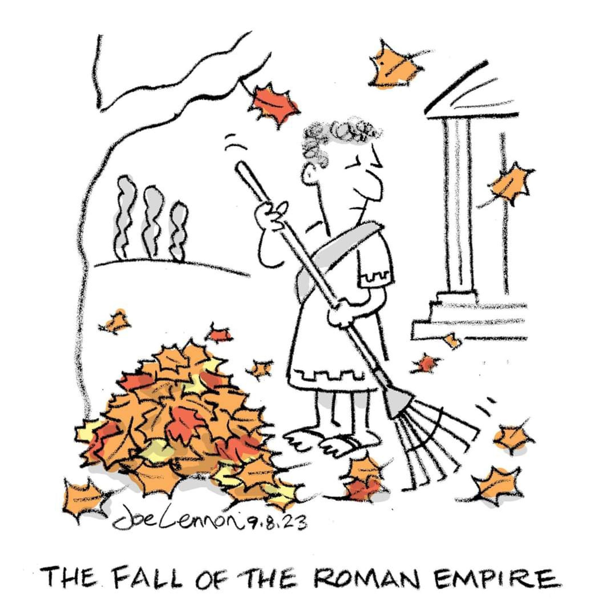 Cartoon of a Roman man sweeping up leaves.