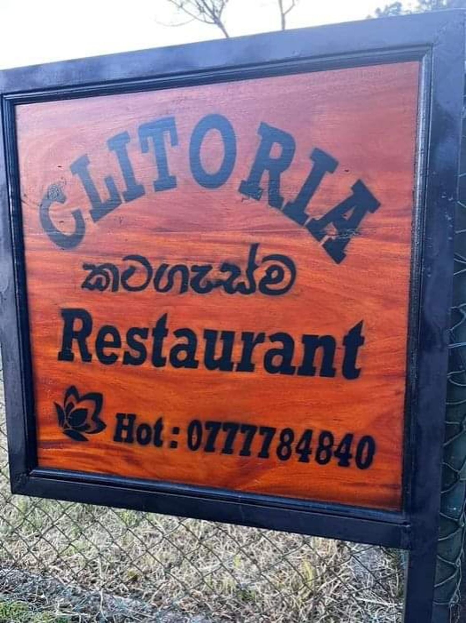 Restaurant sign, in English and Sinhala: 'Clitoria'.