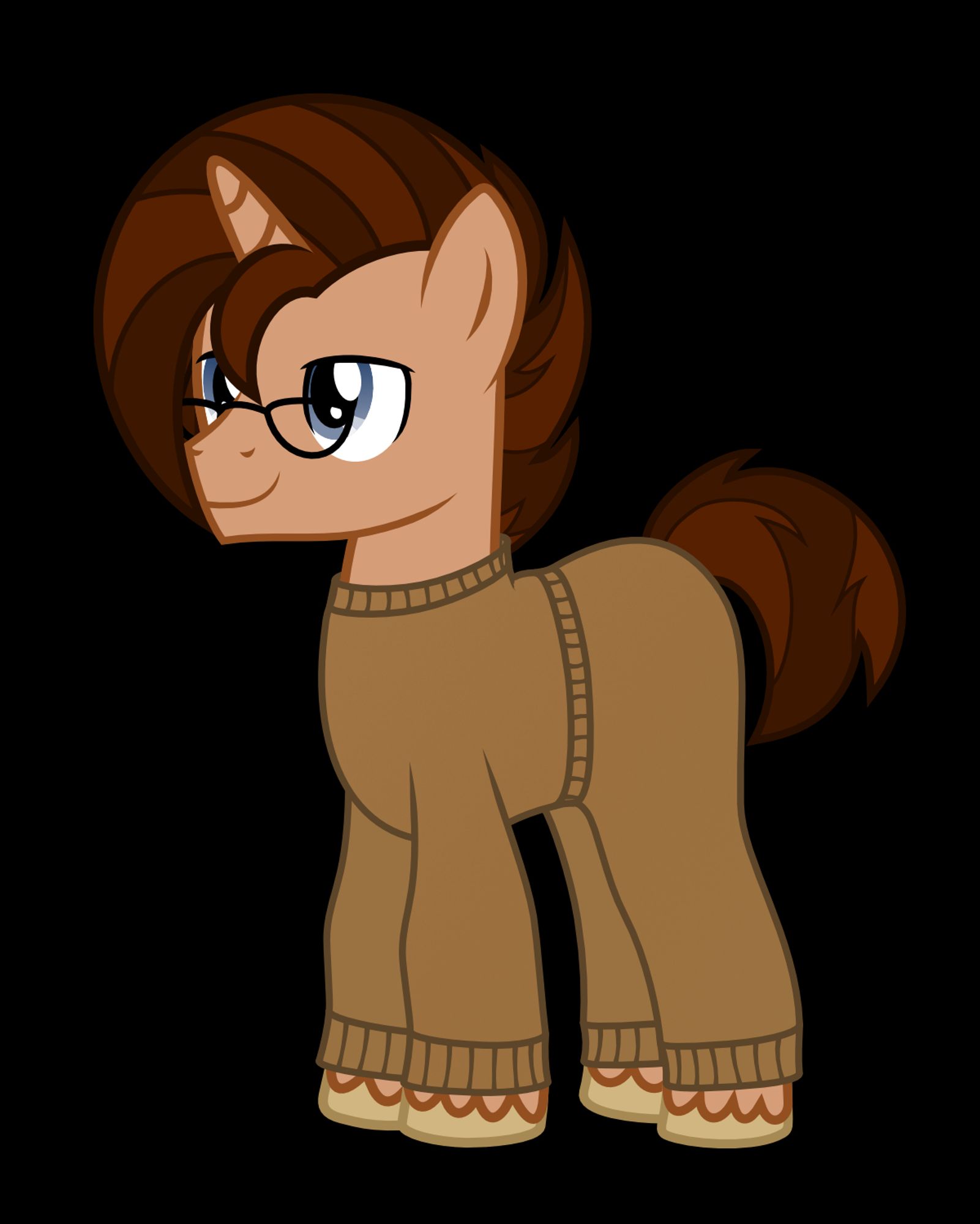 A smiling light brown unicorn with glasses wearing brown sweatpants and a brown sweatshirt.