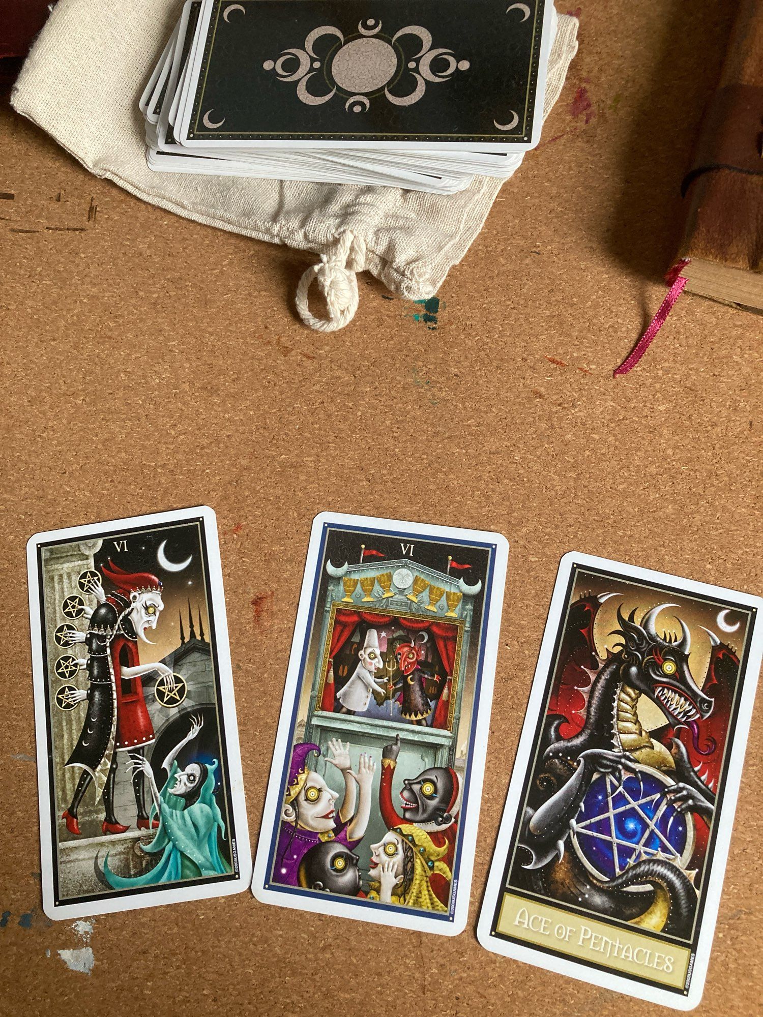 30/09/24. Deviant Moon Tarot. Three card spread. Six of Pentacles. Six of Cups. Ace of Pentacles.