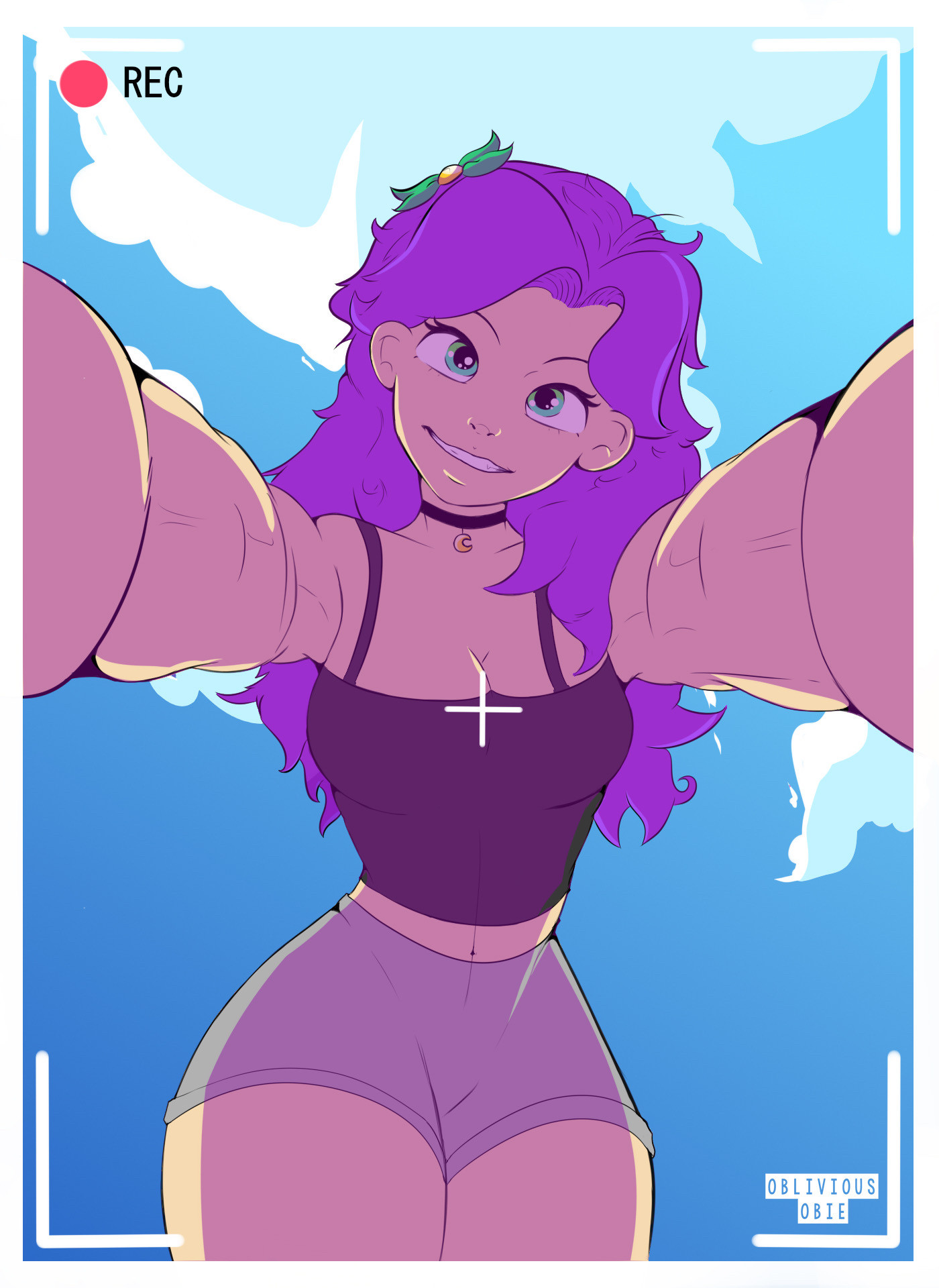 An cartoon illustration of Abigail from Stardew valley in summer attire taking a selfie on a sunny day.