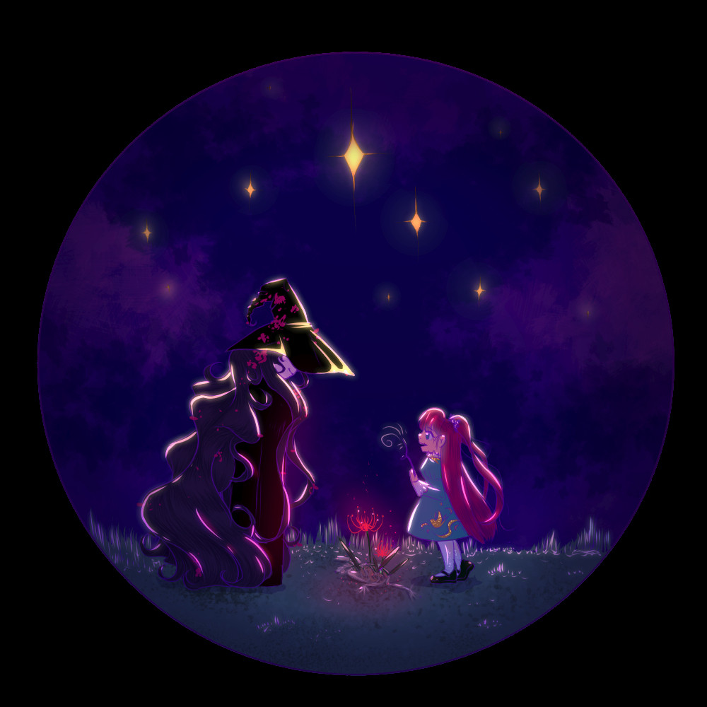  A girl stands before a witch, hidden under her large hat and lengthy hair. The girl is smiling, and holding a little stick as if it's a mock wand. There are bright stars above them in a dark night sky.
 Between them is a (Trigger Warning) dead bird, with two spider lilies growing out of it.