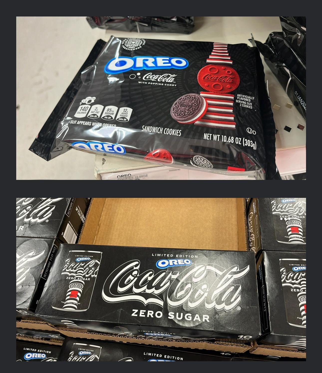 Top image: Coke-flavored Oreos

Bottom image: Oreo-flavored Cole Zero