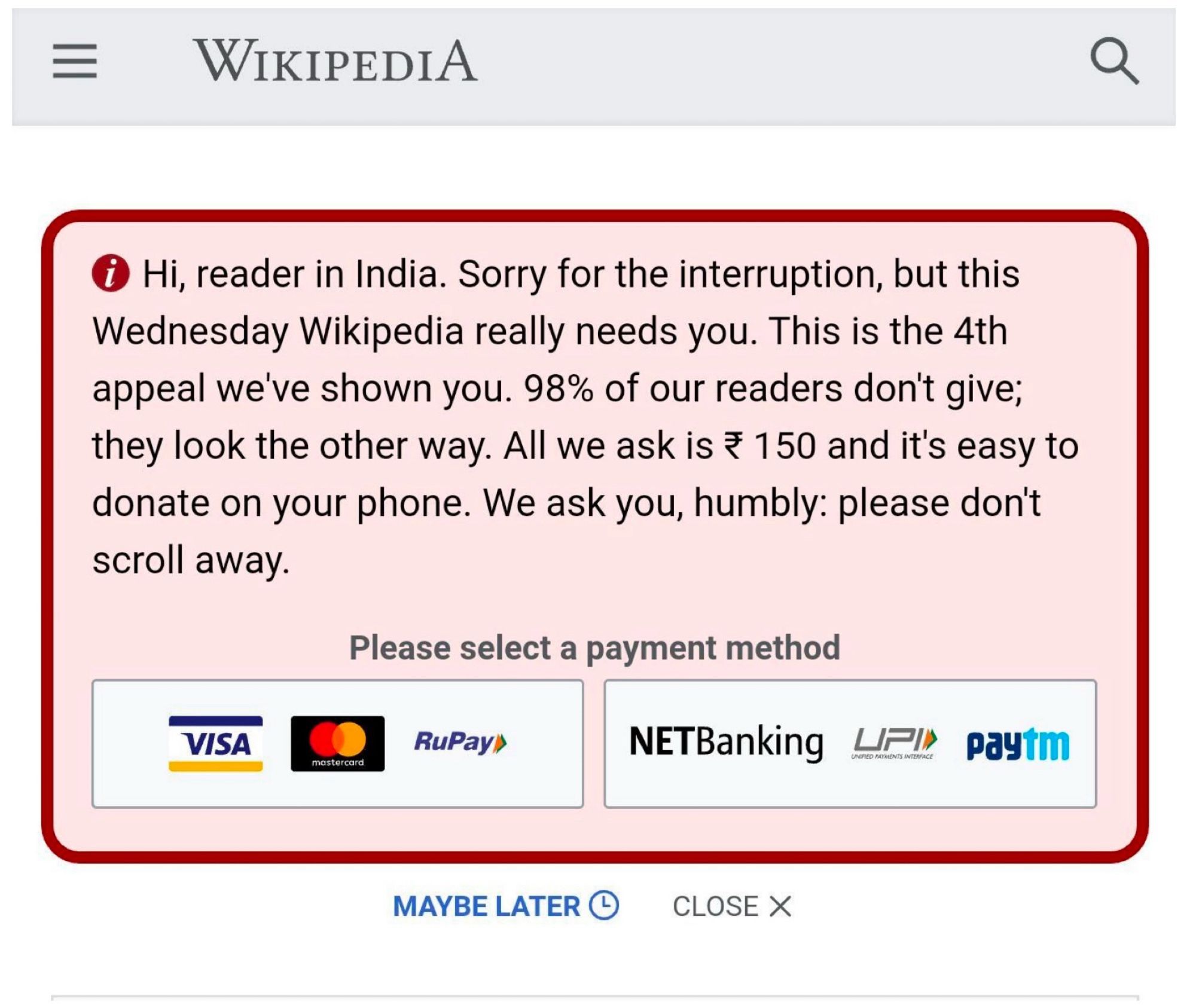 Wikipedia fundraising banner