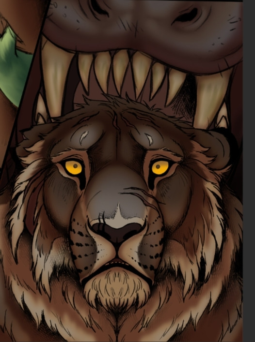 Comic panel art of a scared brown lioness with golden eyes, while behind her a large open mouth full of big teeth aiming for her head.