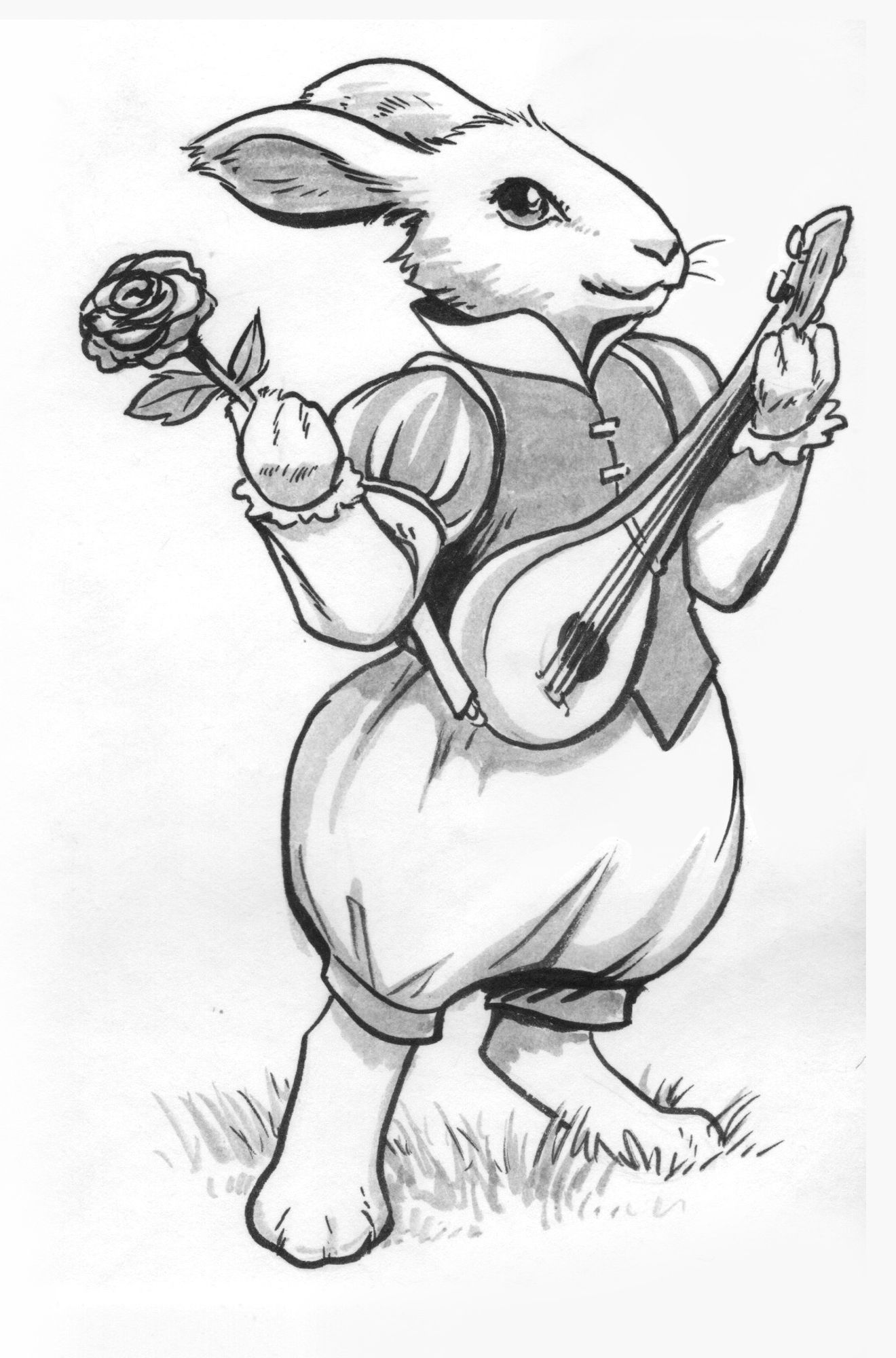 Inkwash drawing of a Harengon character from 5th Edition Dungeons and Dragons (basically an anthropomorphized rabbit character). He's holding a lute with one arm and a rose with the other, and wearing a puffy-sleeved doublet and poofy pants, standing on a small patch of grass