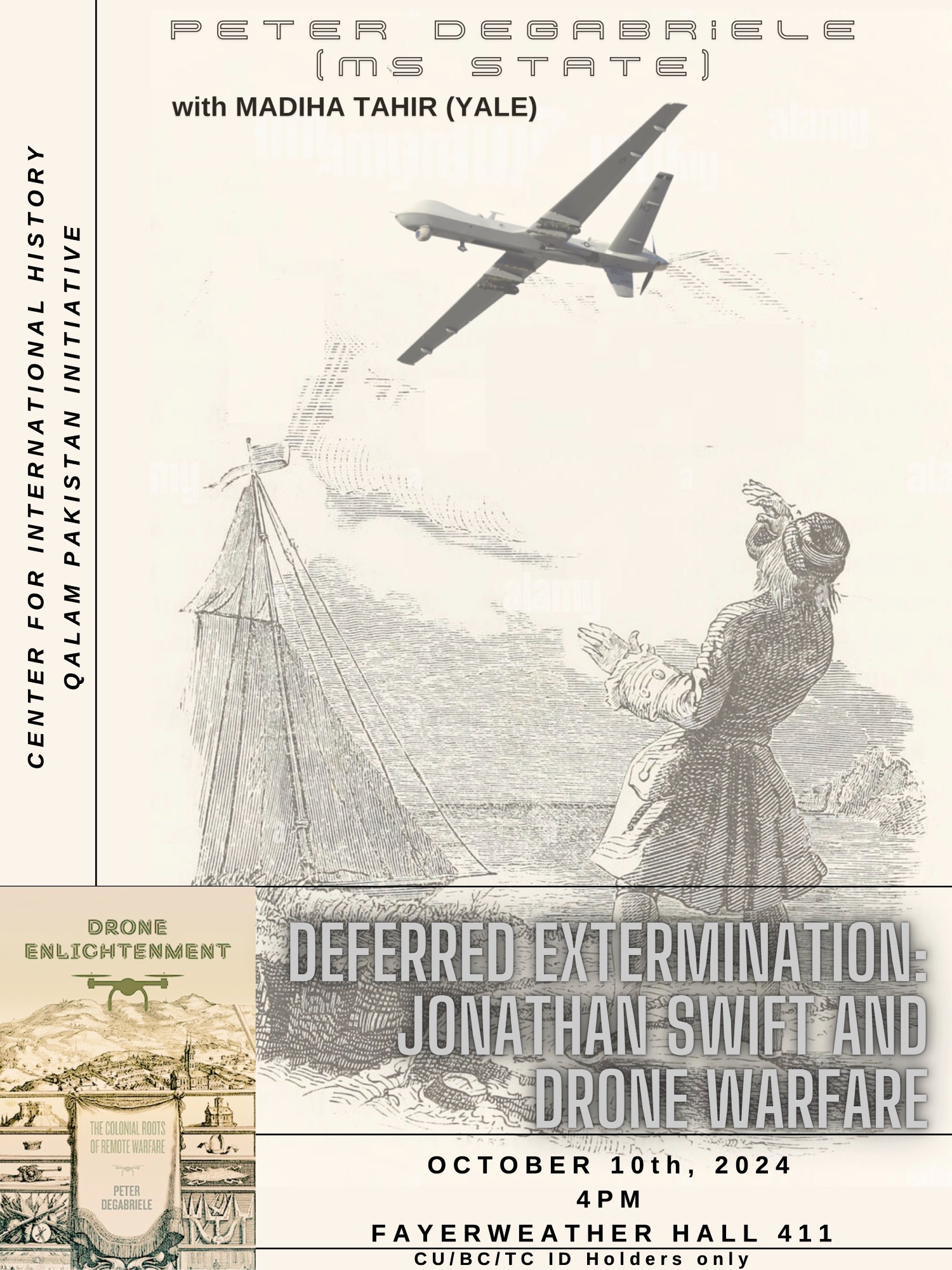 poster for "Deferred Extermination: Jonathan Swift and Drone Warfare by Peter DeGabriele" features a drone overlaid on a line-art from Jonathan Swift's Gulliver's Travels