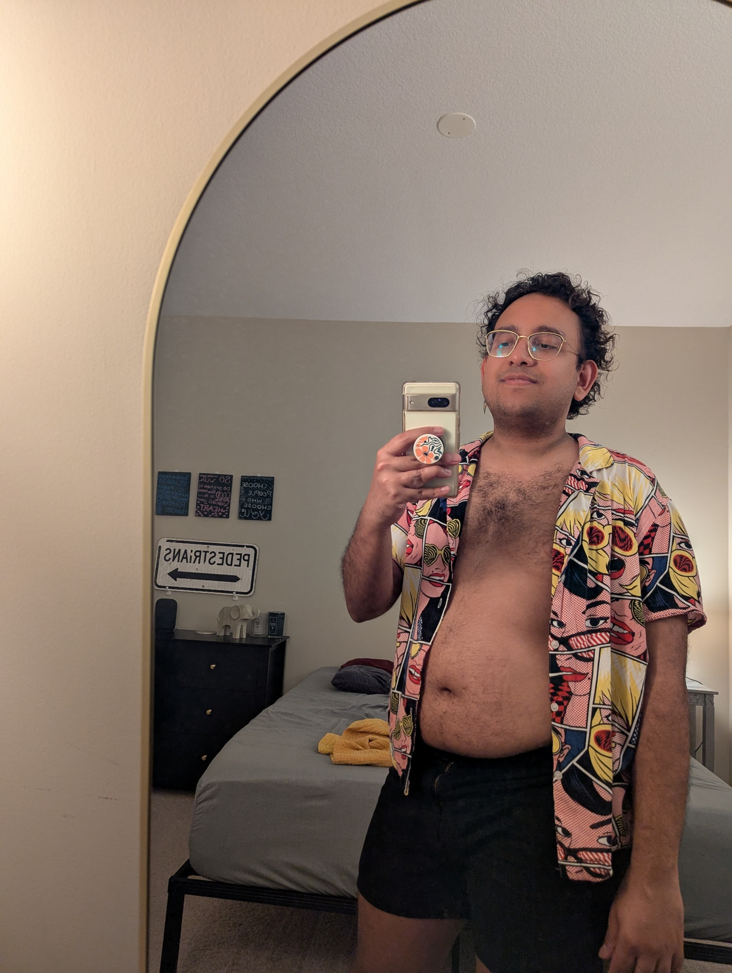 user biguyreacts in the same outfit as above, shirt unbuttoned, soft smiles, v happy, showing tummy, ready to devour this cheeseburger and onion rings combo, curly hairs looking cute!!