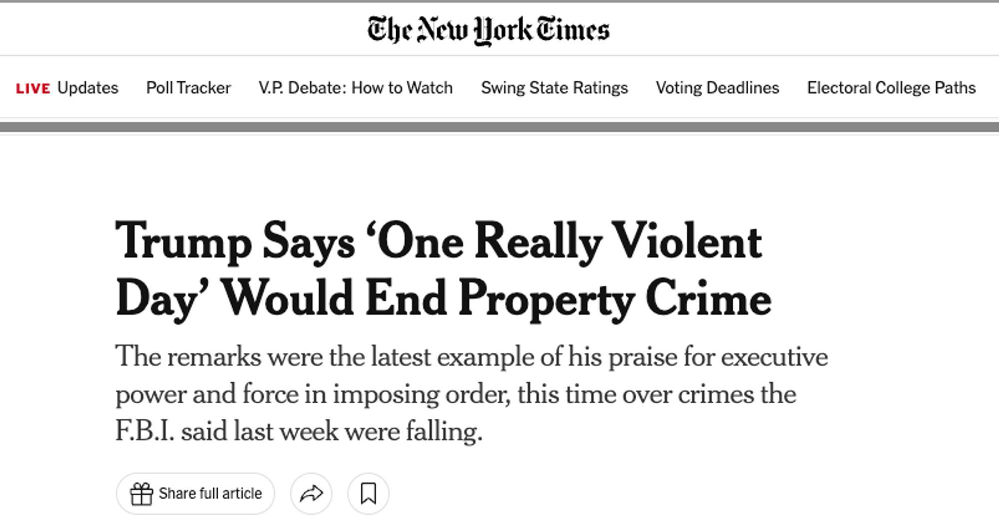 New York Times headline that reads “Trump says one really violent day would end property crime”