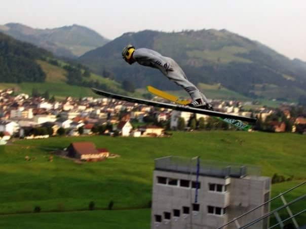 Skijump summer training session in Einsiedeln, flying high above the town ( Part of the National A-/B-Team in 97'-02', now retired ) Best result 5th (Europacup) / 32th (Worldcup). Longest Jump 175m (Sky flying Harrachov)