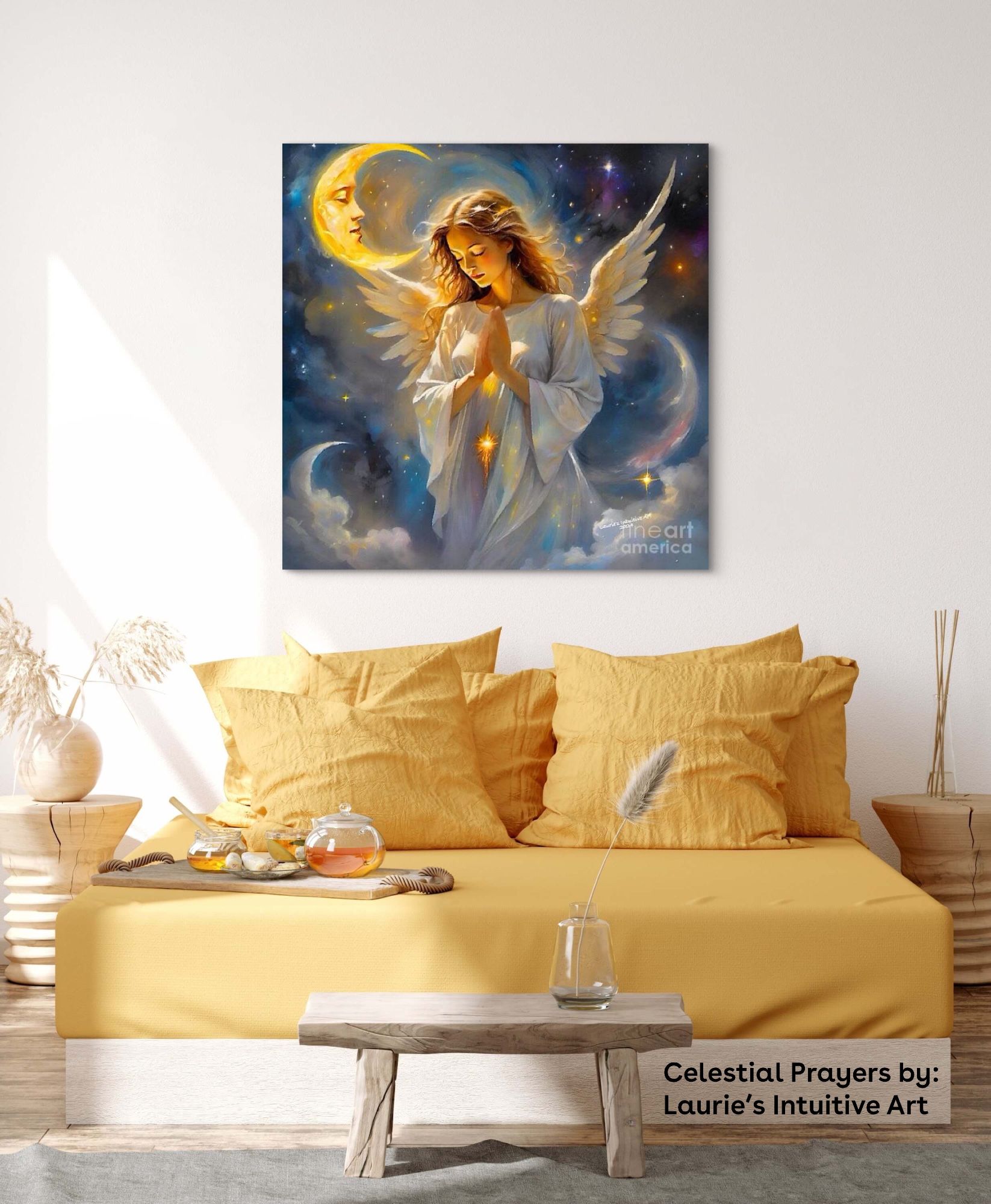 An angel was created by the artist to convey a message to focus on personal space for peace, serenity, and staying calm when there are challenges and stressful times in your life. Think of the sky, moon stars, heaven, angelic spirits or whatever faith you practice with a prayer for assistance in all that concerns you and know there is angel around you.~written by my Sister Sandra Mosca