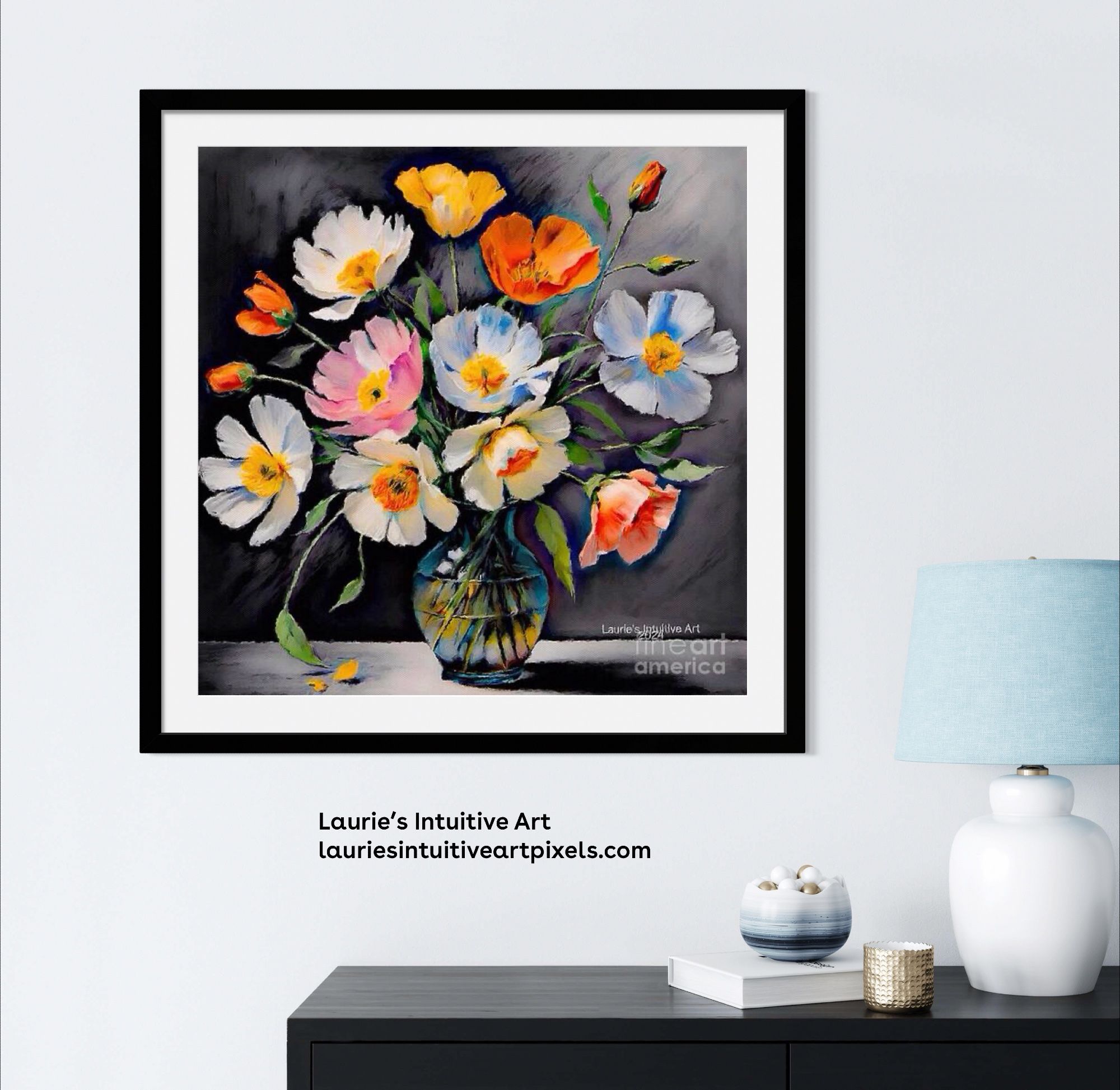 A vibrant bouquet of multicolored flowers is displayed in a clear glass vase against a dark background, with the contrast highlighting the petals' cheerful hues. The textured strokes give a sense of depth and movement, evoking the delicate beauty of a lush floral arrangement.