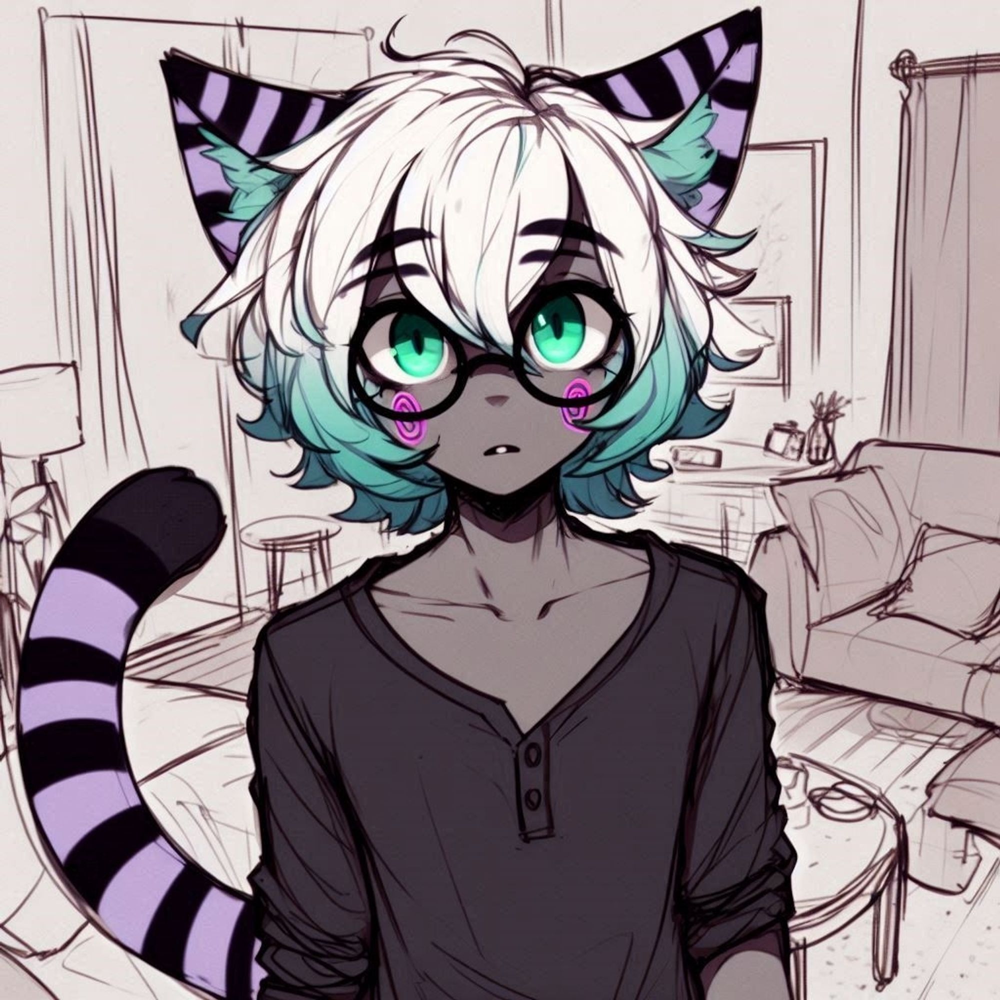 LF as envisioned by DALL-E 3
prompt by @saigaivai:
a transgirl with white hair with turquoise undertones style in a short boyish style seen from afar wearing a simple outfit in a cozy place. very Dark grey skin. She has a striped purple and cyan tail and matching striped purple and cyan cat ears. pink spirals drawn on her cheeks. Bright green eyes. She wears big black round glasses. Sketch style

they looking right into your eyes with a pleasing pleading face

they seem to be in a living room with you