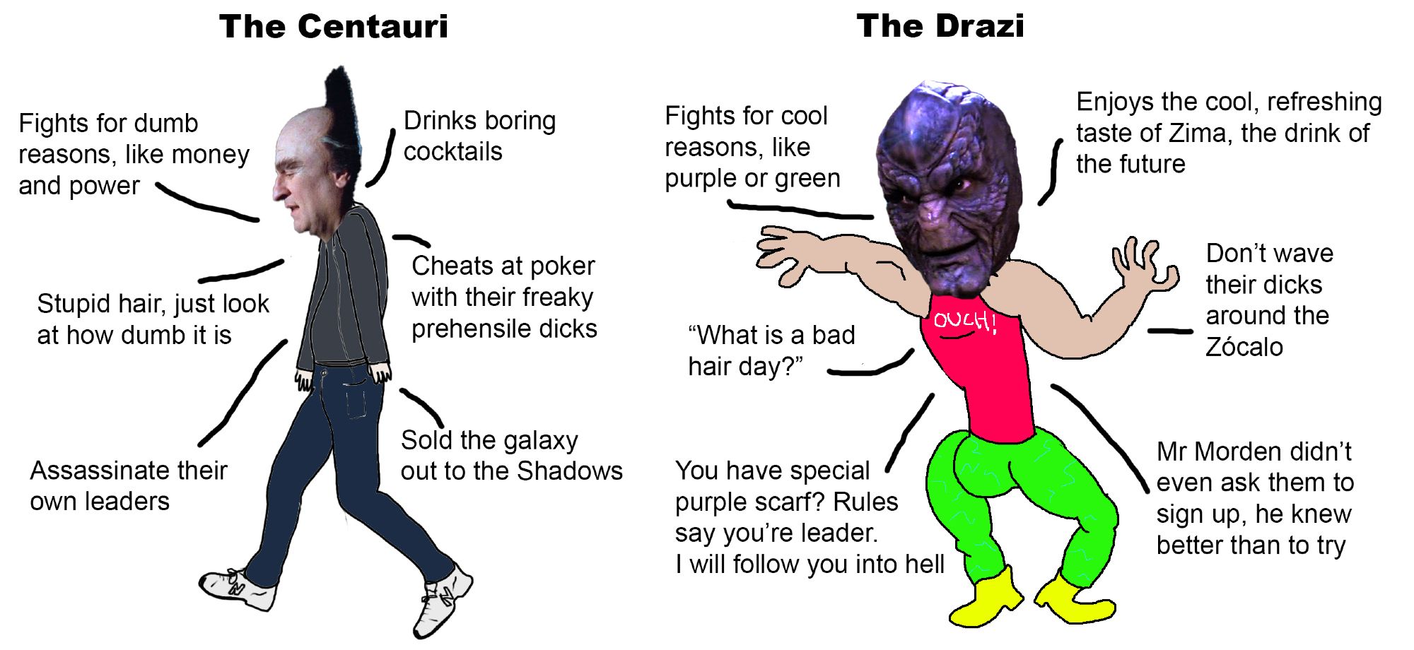 Virgin vs Chad meme

The Centauri:
Fights for dumb reasons, like money and power
Stupid hair, just look how dumb it is
Assassinate their own leader
Drinks boring cocktails
Cheats at poker with their freaky prehensile dicks
Sold the galaxy out to the Shadows

The Drazi
Fights for cool reasons, like purple or green
"What is a bad hair day?"
"You have the special purple scarf? Rules say you're leader. I will follow you into hell"
Enjoys the cool, refreshing taste of Zima, the drink of the future
Don't wave their dicks aroudn the Zocalo
Mr Morden didn't even ask them to sign up, he knew better than to try

This meme is about Babylon 5, a science fiction tv show from the 90's and it absolute gibberish if you haven't watched it