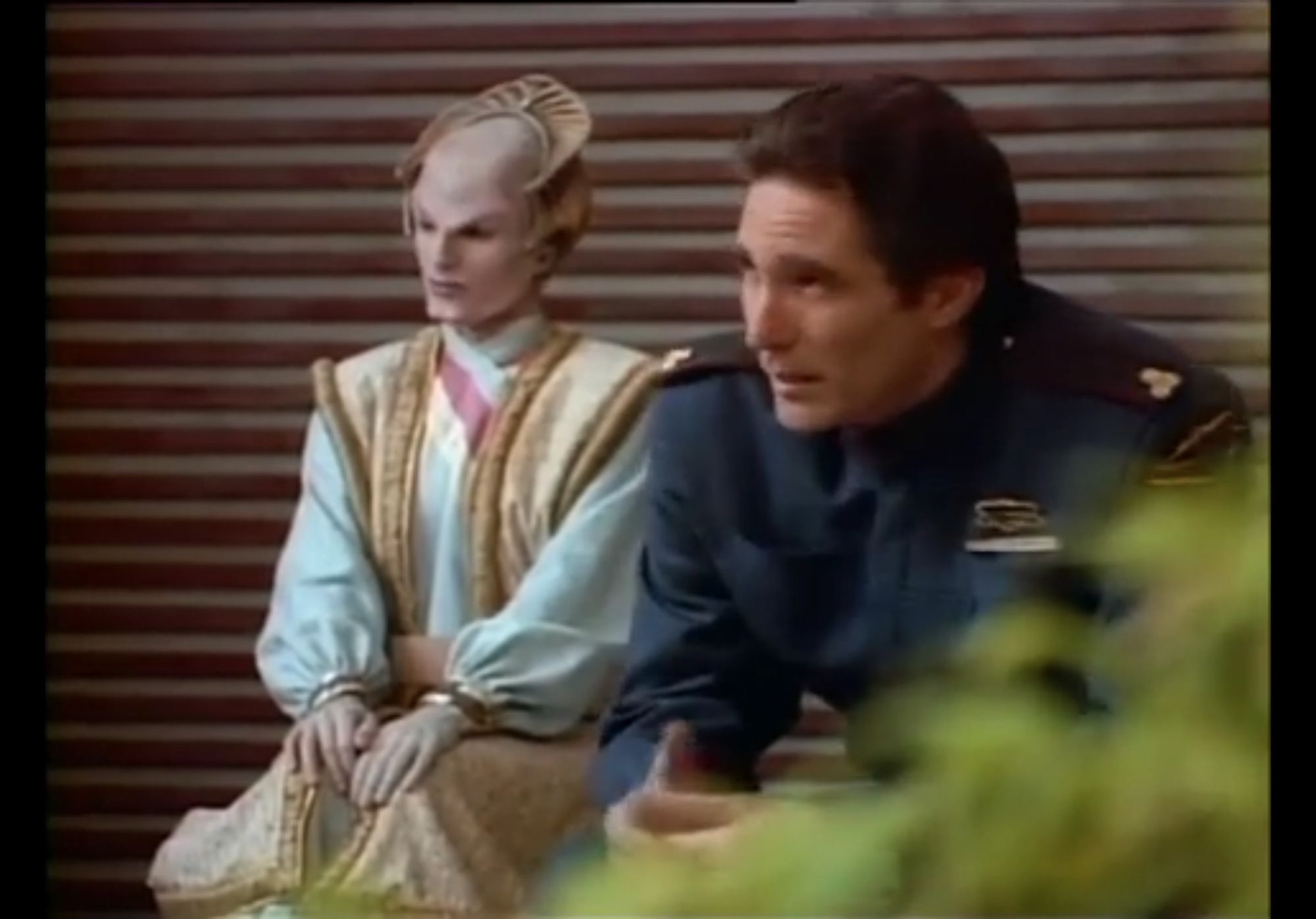 A still from the Babylon 5 pilot, a 90's science fiction show that I'm obsessing over at the moment. Anyway, Commander Sinclair, a human in a military uniform, is in a garden with Ambassador Delenn, an alien who is bald with an elaborate bony structure on her head where hair would normally be. Delenn has just asked Sinclair why humans built a Babylon 5 after the first four Babylon stations all ended in disaster