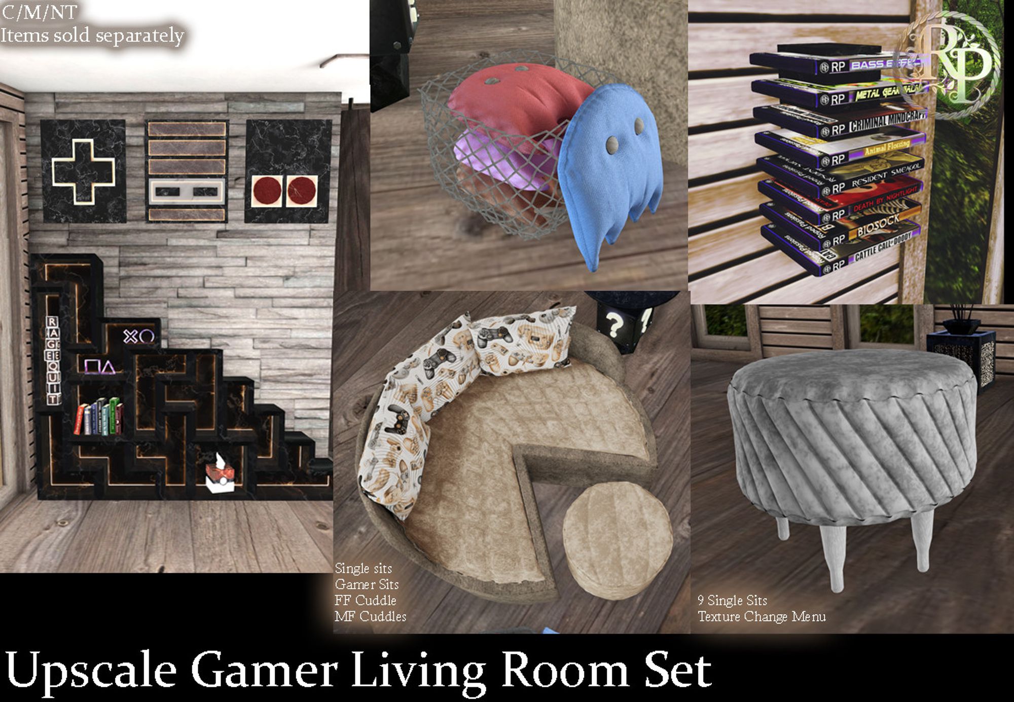 Living room set for Second Life Virtual Platform featuring video game themed art and decor, bookcase, and furniture.