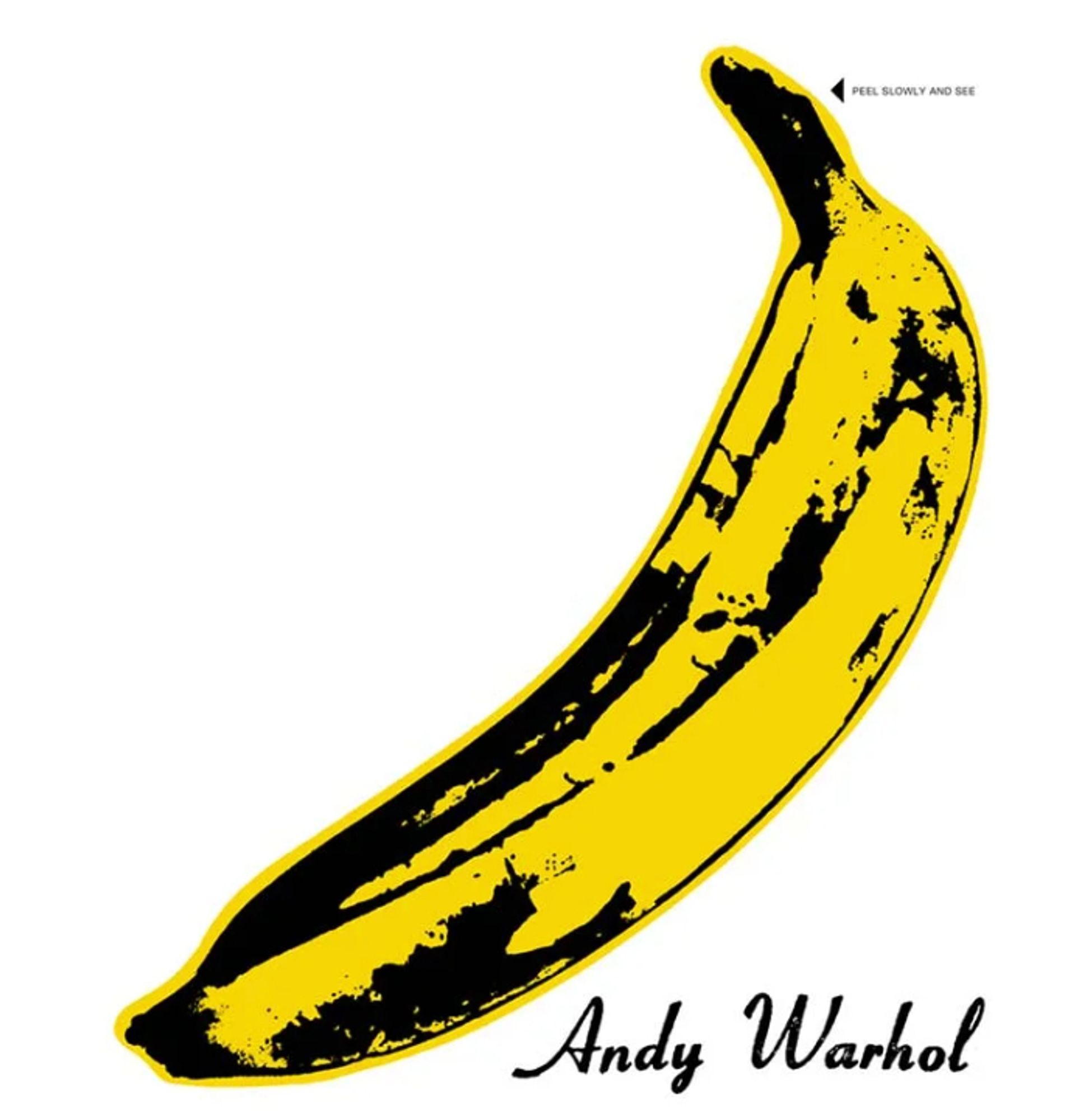 Dessin de banane sur fond blanc, avec noté "Peel slowly and see" en indiquant le haut de la banane et signé en bas à droite Andy Warhol