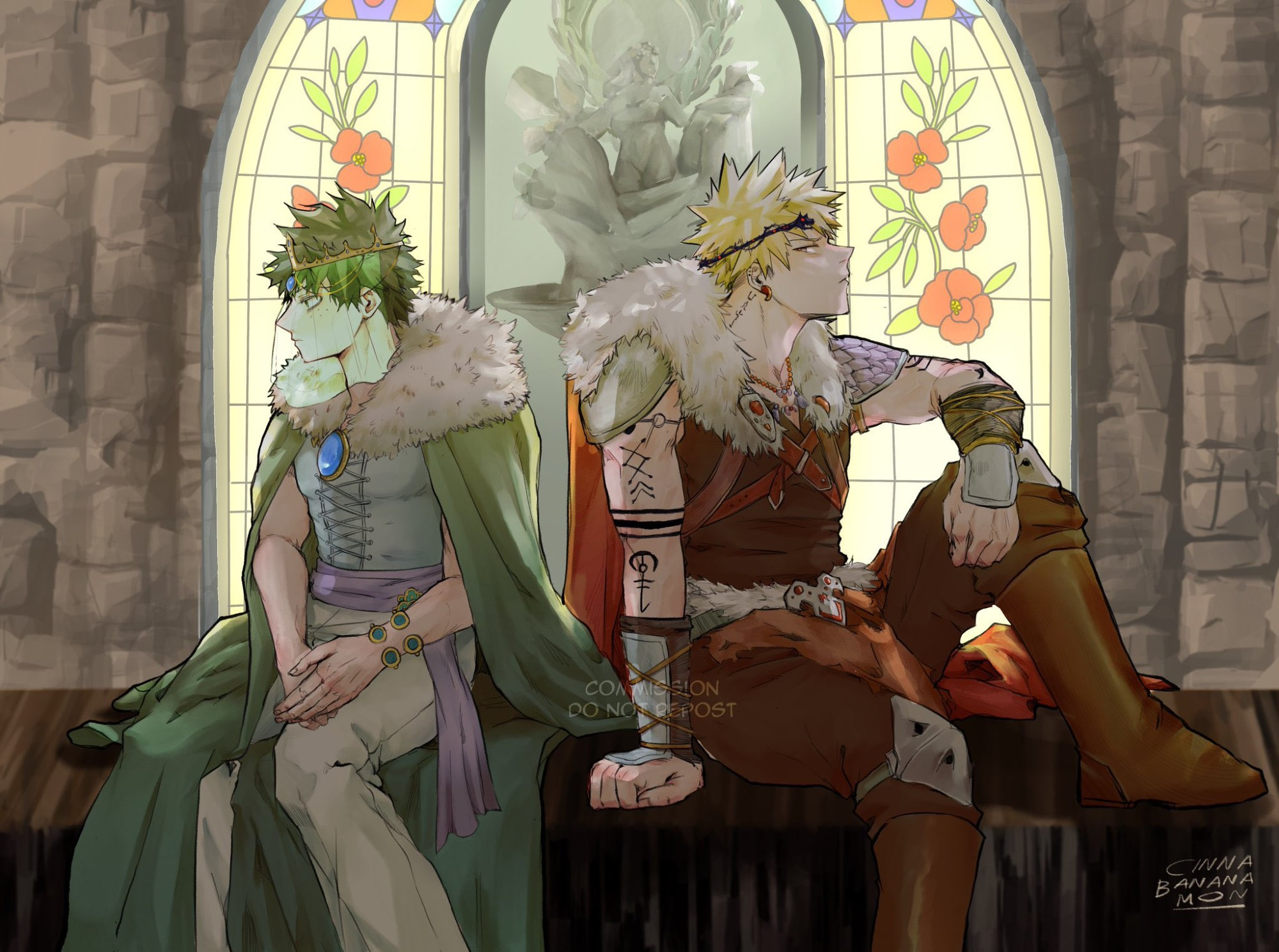 izuku and katsuki sitting side by side angled away from one another with a stained glass window behind them depicting Demeter. Izuku is dressed in soft blue ceremonial robes that includes a veil and fur trim. Katsuki is dressed in dark red warrior's wear, including shoulder pads and a cloak. They both look troubled.