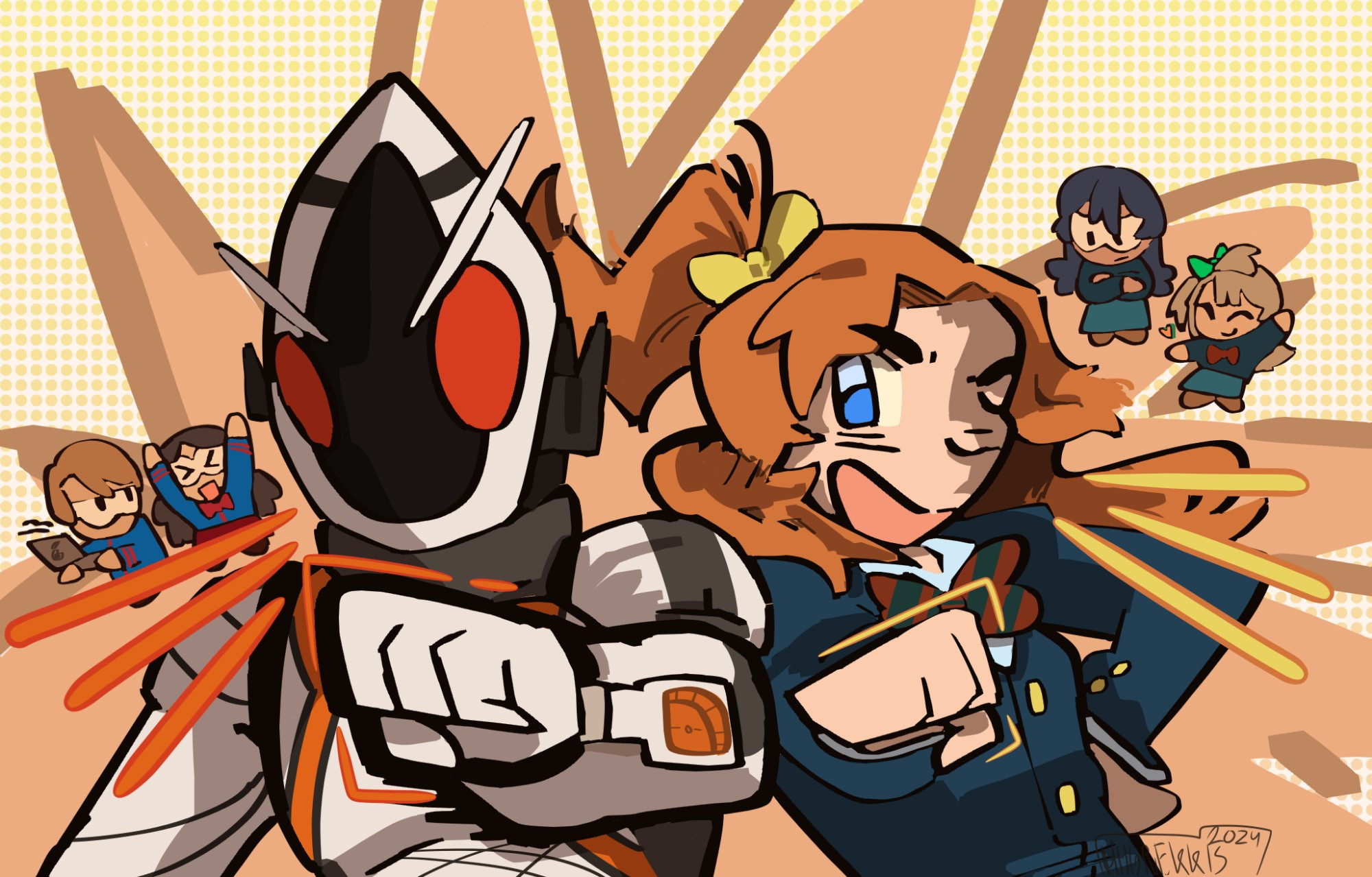 A bright colored digital drawing consisting of primarily warm colors. It features two characters–Honoka Kosaka from Love Live and Kamen Rider Fourze from Kamen Rider–in the foreground, pointing their fist at the screen. Their friends are in the background in chibi forms.