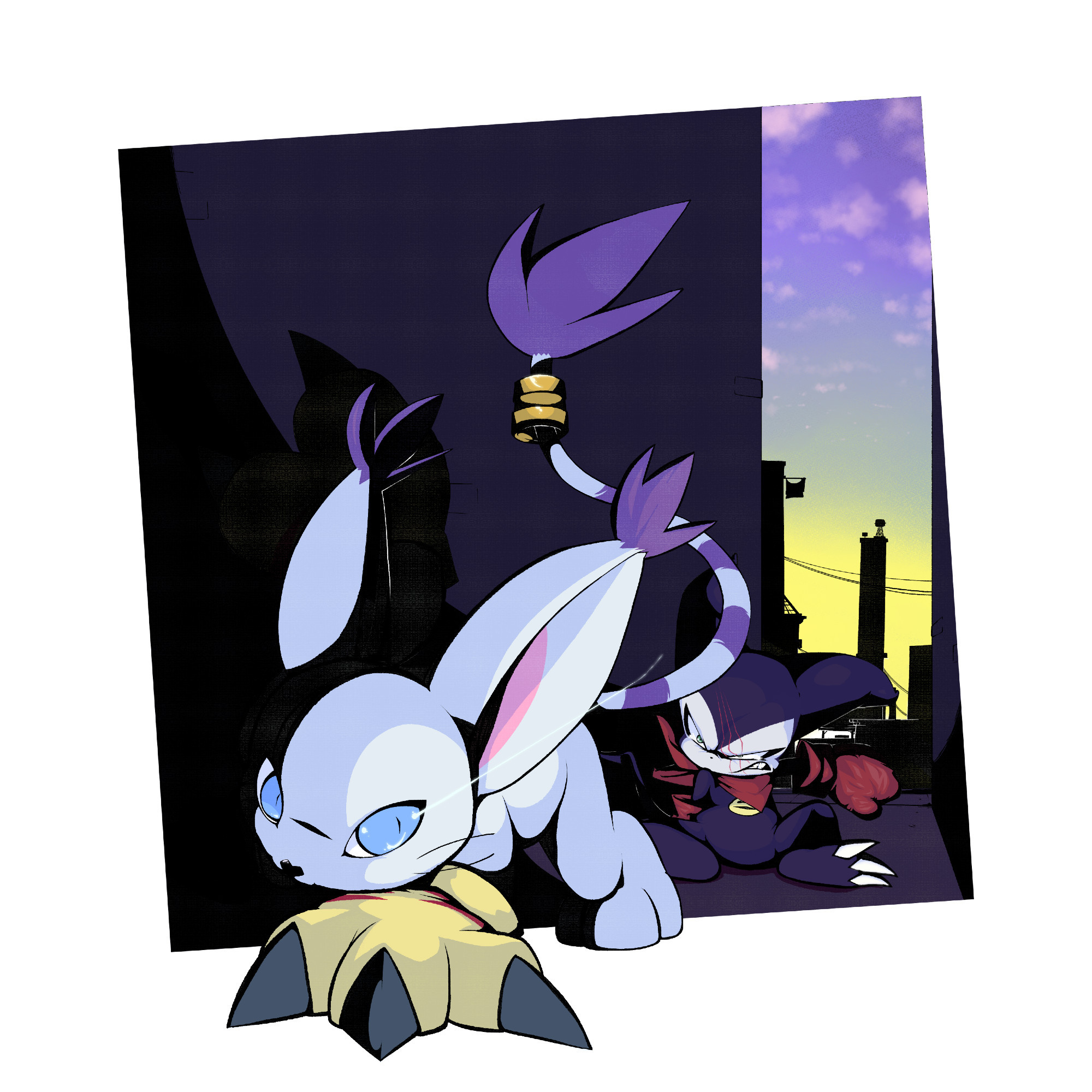 Gatomon (or Tailmon) in front of Impmon, from Digimon, in an alleyway, at sunset, Gatomon has seemingly scratched Impmon's face.