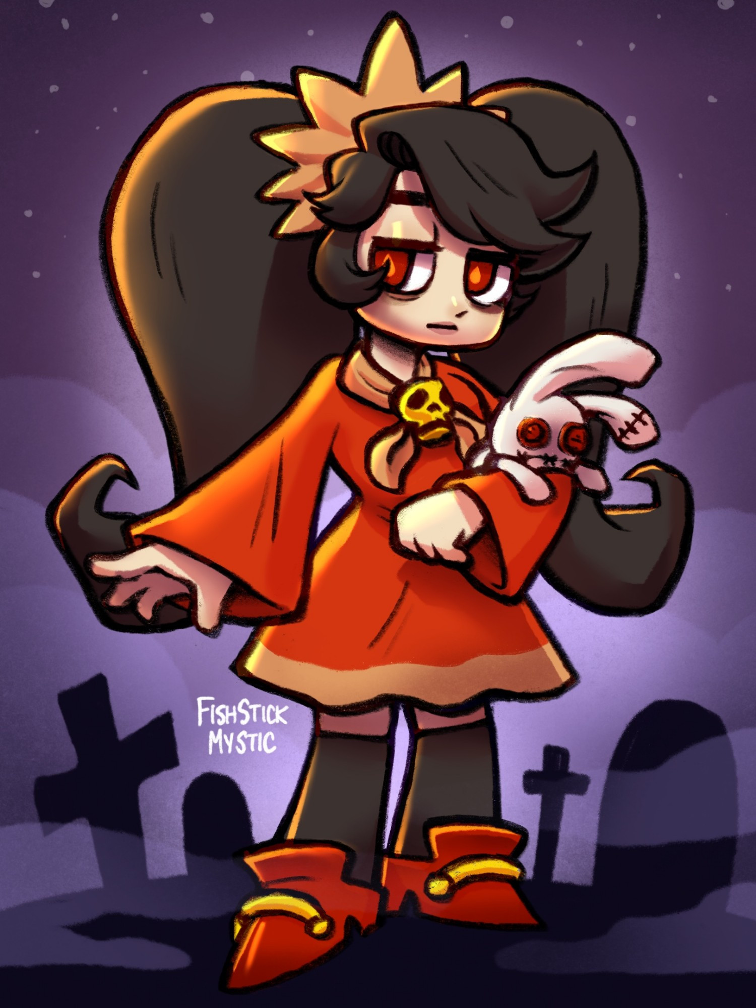 A drawing of Ashley from WarioWare holding a bunny doll in a cemetery backdrop.