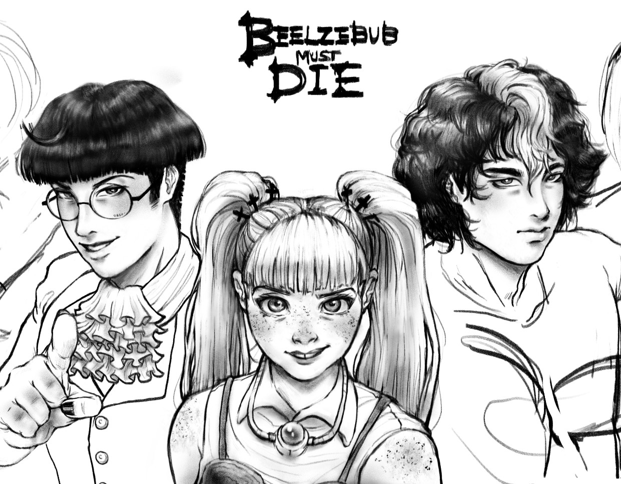 A sketch of three protagonists--Amdusias, Evelyn, and Marchosias--from my original story Beelzebub Must Die.