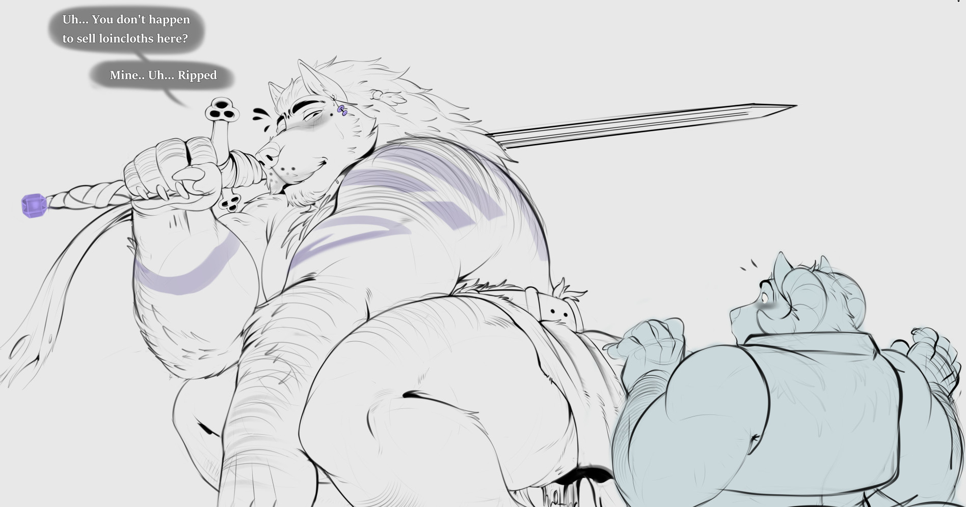 [TEASER IMAGE] Graroth the 10 ft tall giant anthro wolf, asking a shop keeper if they have any spare loincloths.