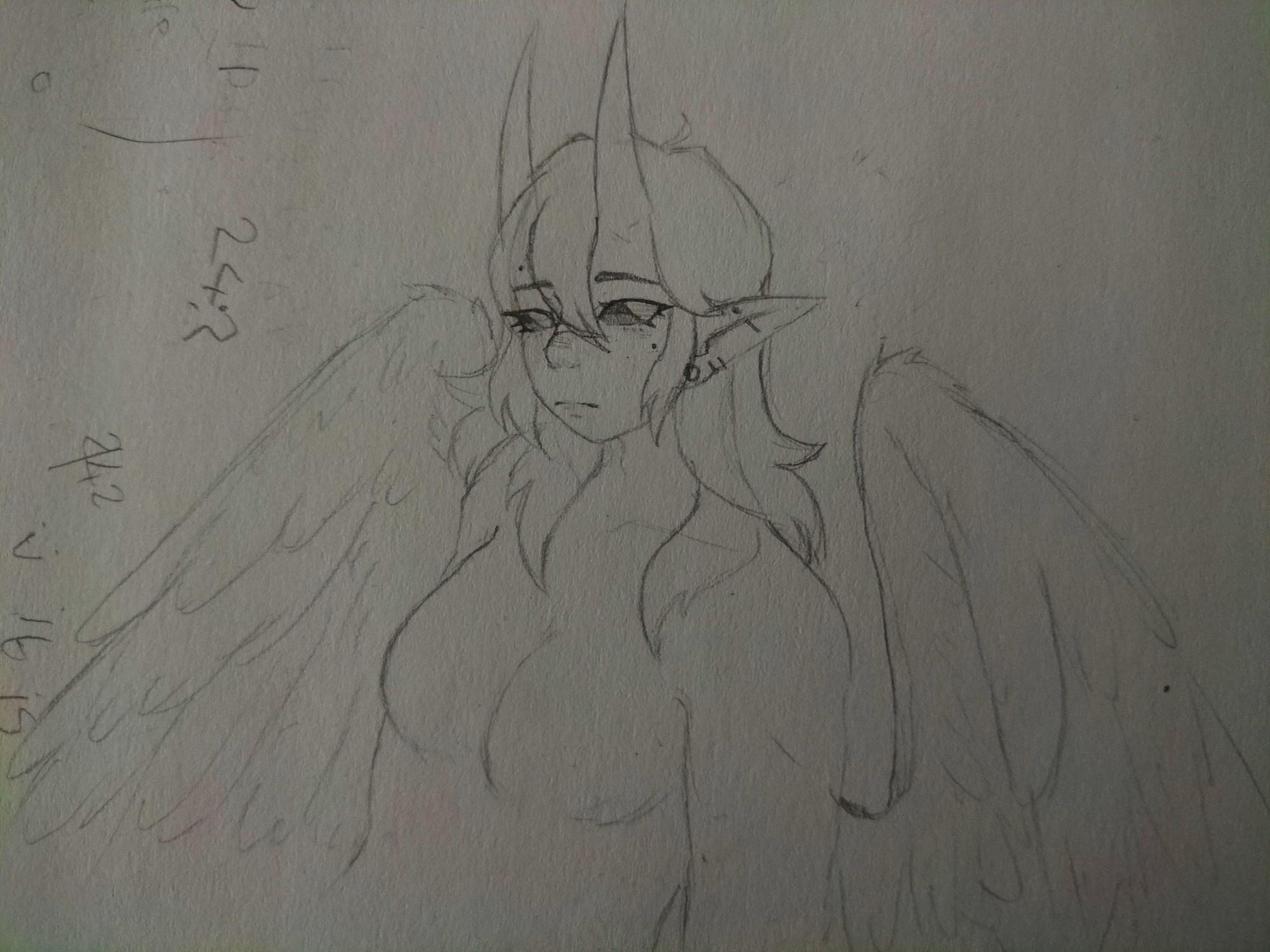 An upper body traditional drawing of a demon boy leaning back slightly, two feathery wings on either side. He is a bit off-model since the actual character doesn't have breasts or pointy ears and his wings are demon wings not feathery angel wings