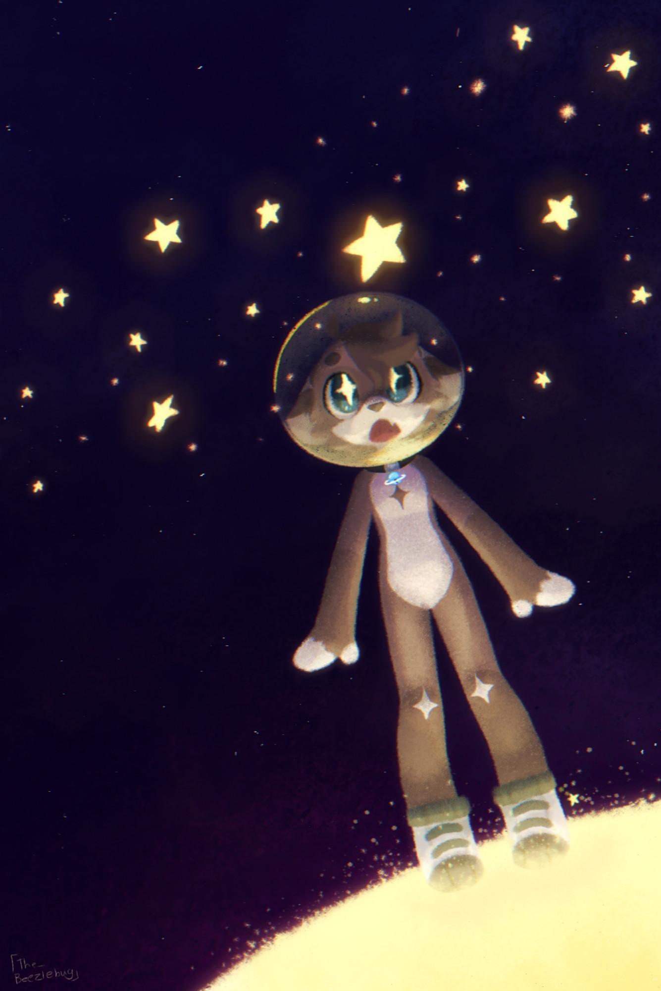 An anthropomorphic cat thing wearing a space helmet staring up at stars floating above them while standing on a glowing planet - drawn on 21/9/2024