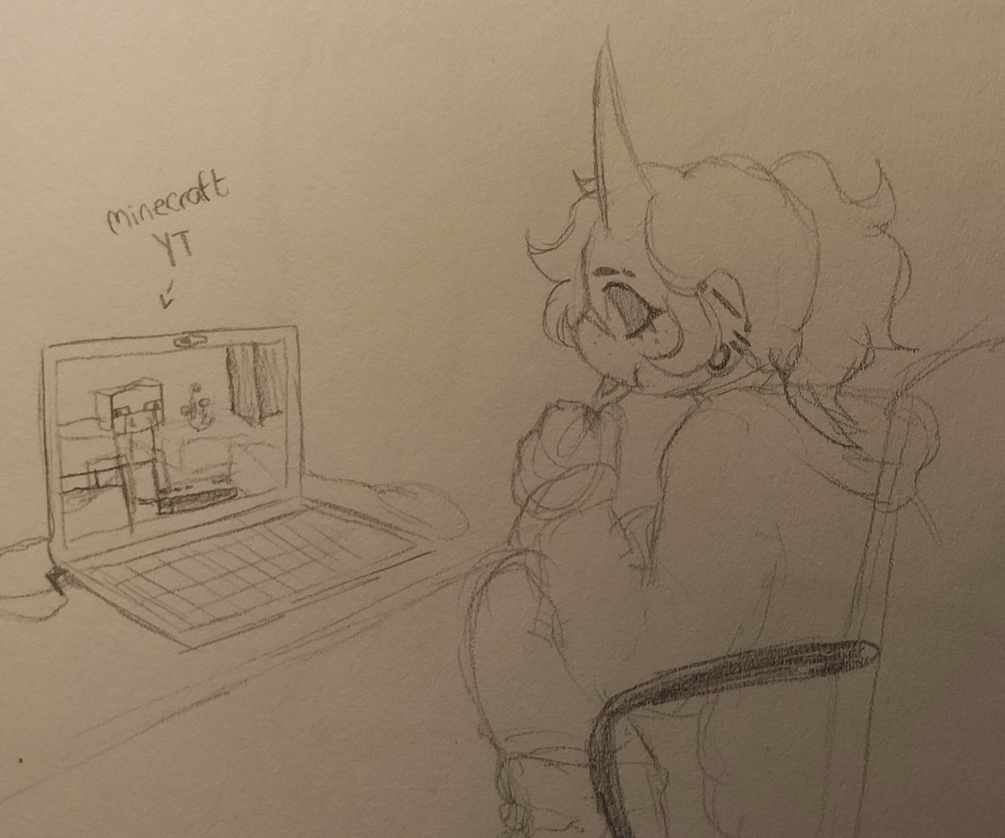 Panel 1 - Alice, my persona sitting at his desk while eating something, a YouTube Minecraft video playing in front of him